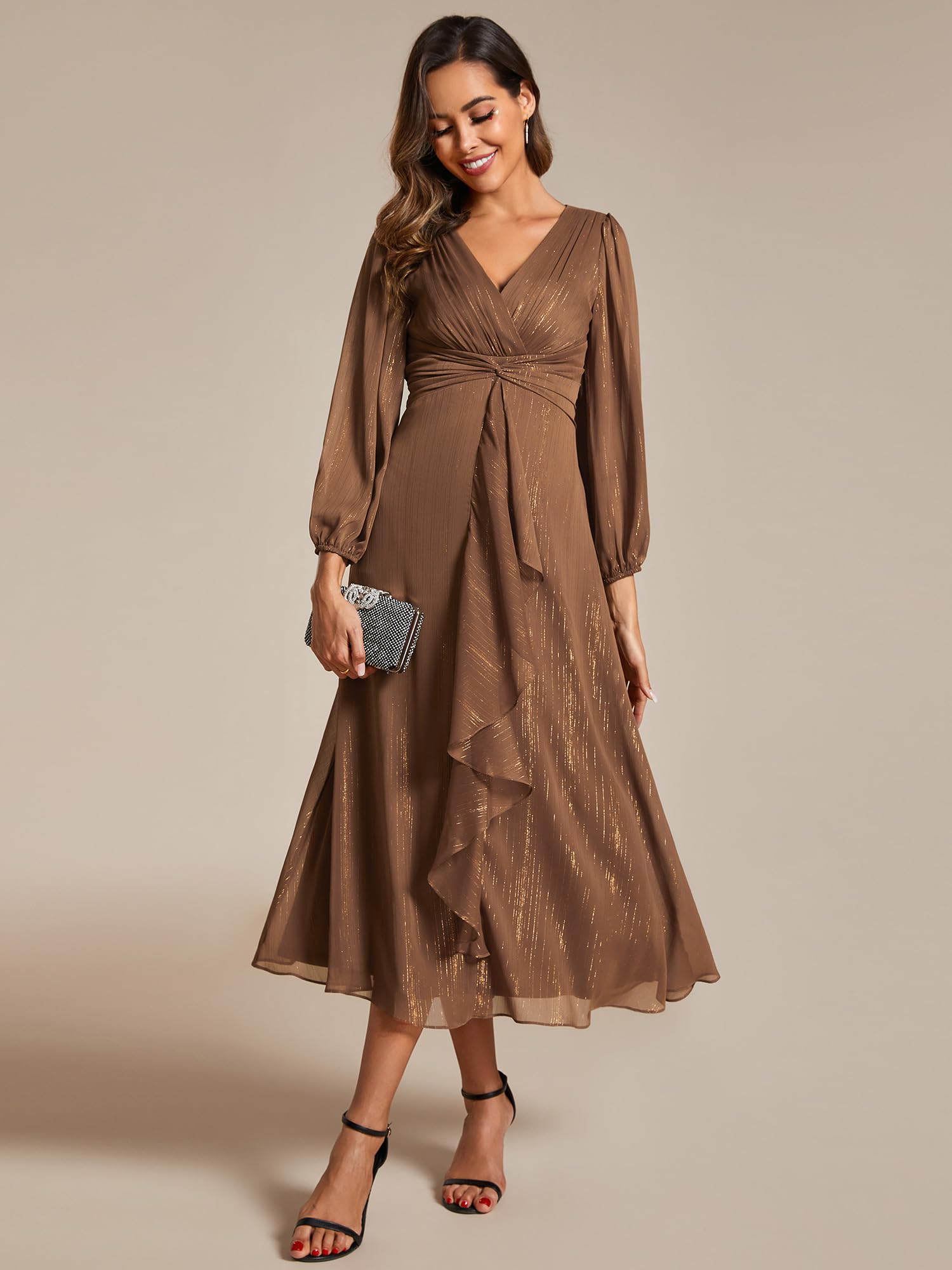 Ever-Pretty Vestito Elegante Donna Cerimonia Manica Lunga Collo A V Gonna Midi Abito da Sera EE01977