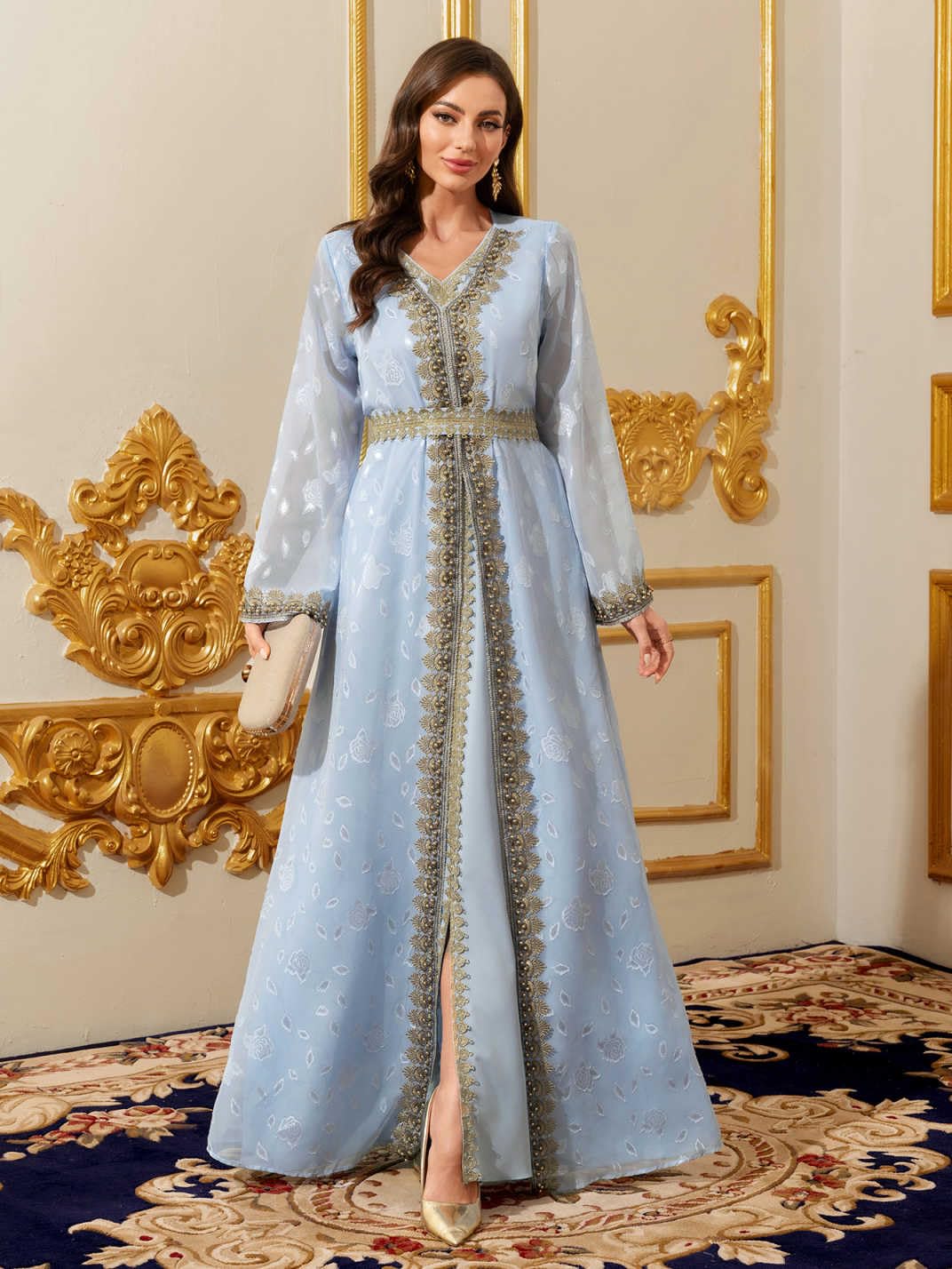 PLWEDDING Traditionelles muslimisches Kaftan Kleid,Blau mit Gold Stickerei,Lange Ärmel,V-Ausschnitt,Maxi Länge,Orientalischer Stil