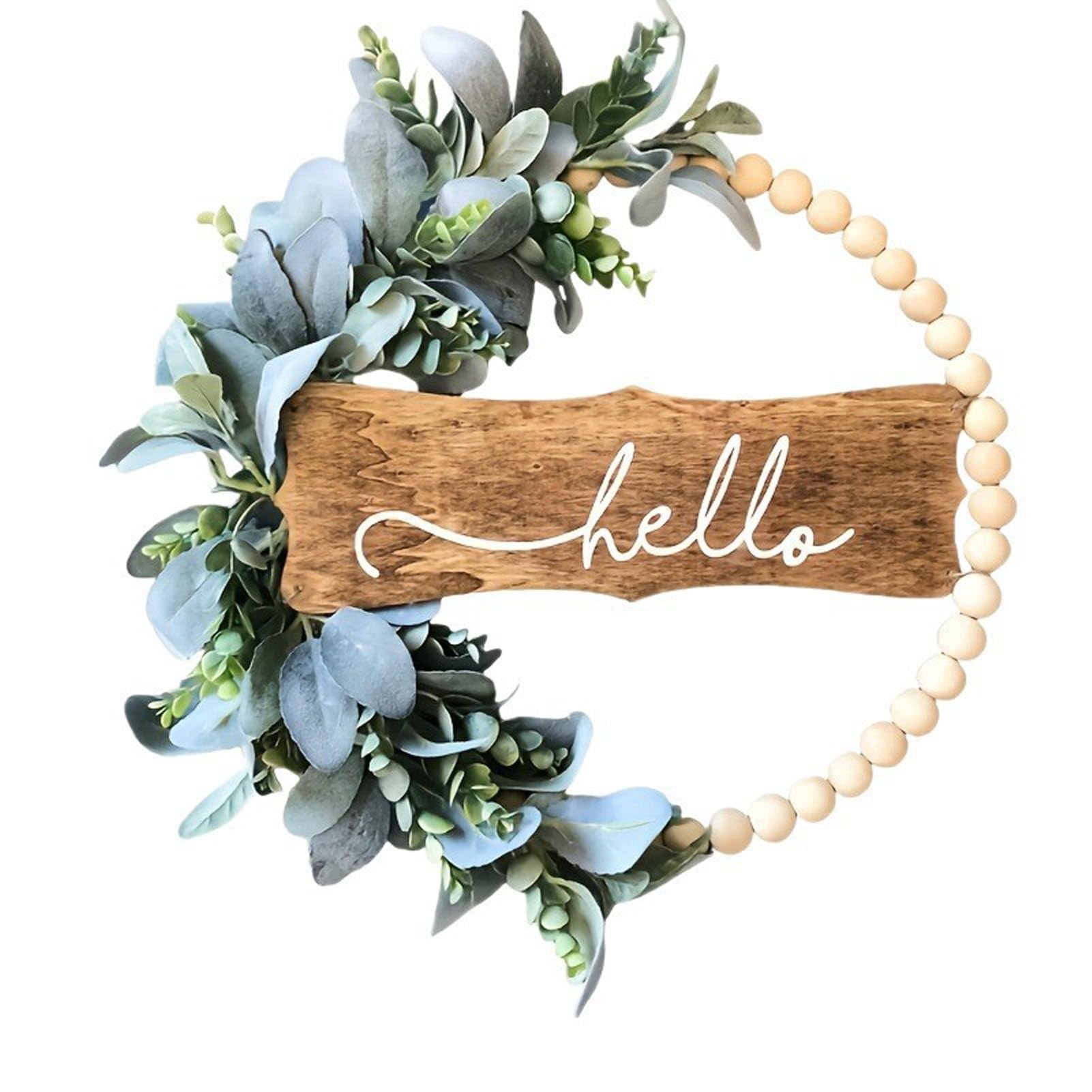 AMSLSIU All Year Round Front Door Wreath Wooden Bead Floral Wreath With Faux Flowers Suitable For Any Season Easter Decorations