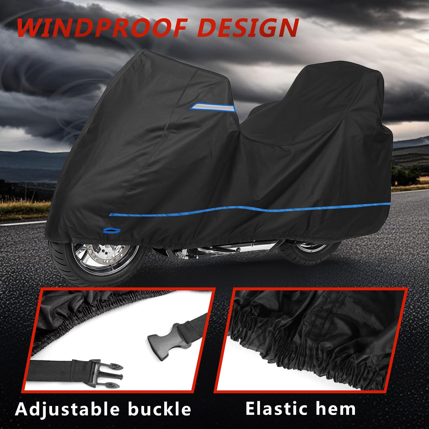 MotorradPlane für Harley—Obenbox+Seitenbox Ausführung, Motorrad Abdeckplane für Honda,Motorrad Abdeckung für BMW,mit Windschutzgurt & Reflektierenden Streifen,Für Modelle Suzuki/Kawasaki,240×120×145cm