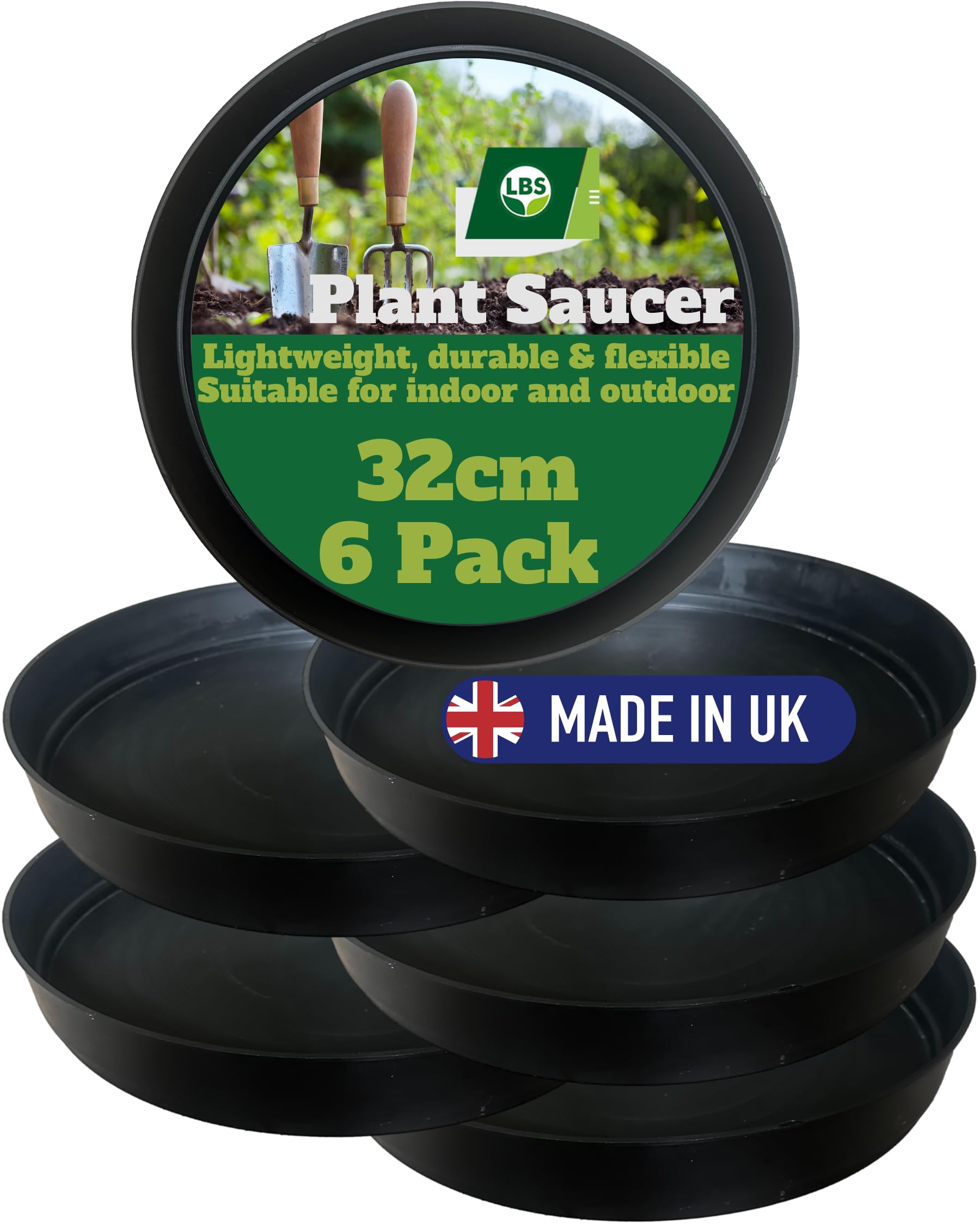 LBS Horticulture Pack of 6-32cm Heavy Duty Plant Pot Saucers Black Drip Trays for Indoor & Outdoor Pots