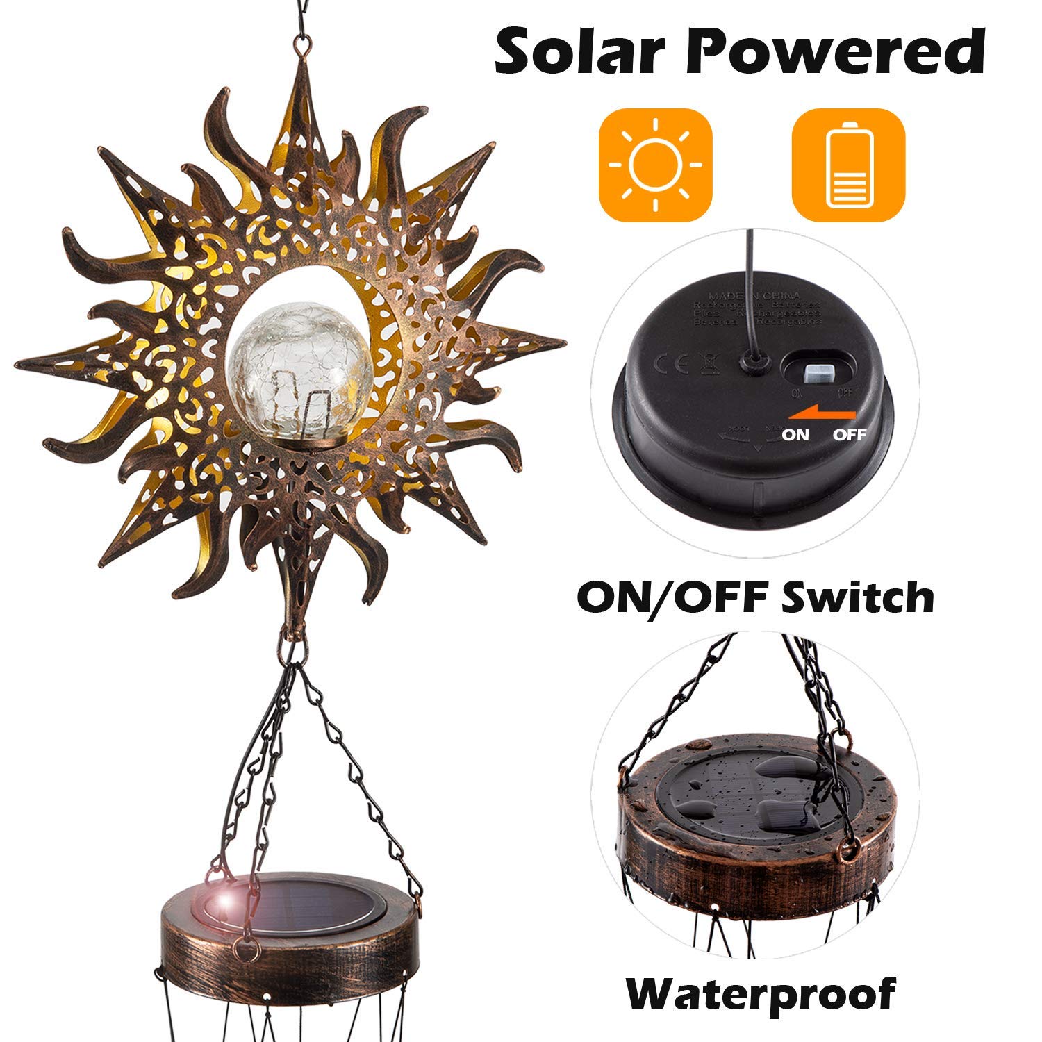 Solar Wind Chimes Sun Flame Aluminium Rurki wiatr Nocna noc lekka wystrój domu na zewnątrz domowe wiatrowe prezent na ogrodowy podwórko patio trawnik