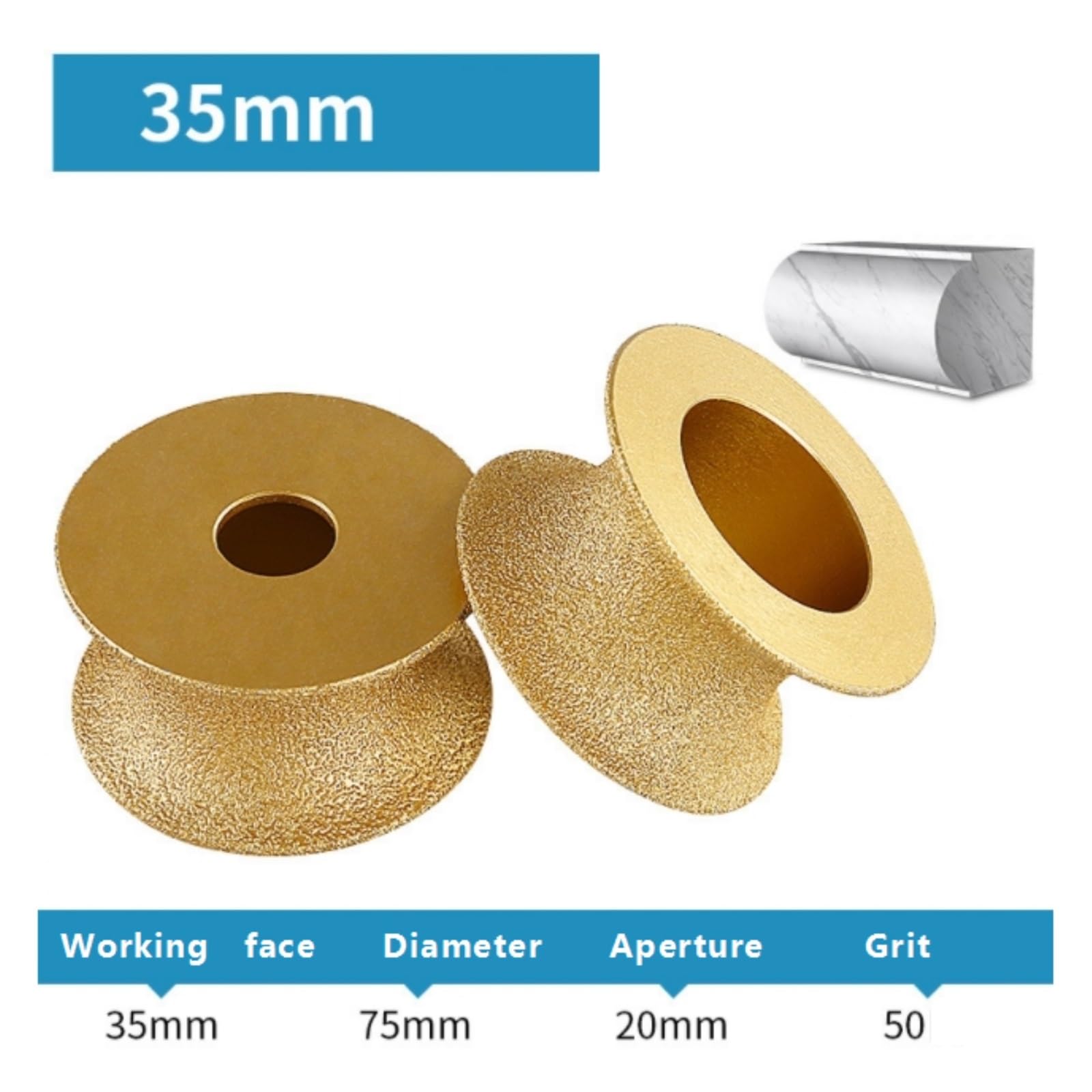 Mola abrasiva diamantata brasata sotto Vuoto a Secco da 75 mm, Diametro del Foro 10-50, Disco abrasivo for Marmo con Bordo Semi-bullnose(35mm)
