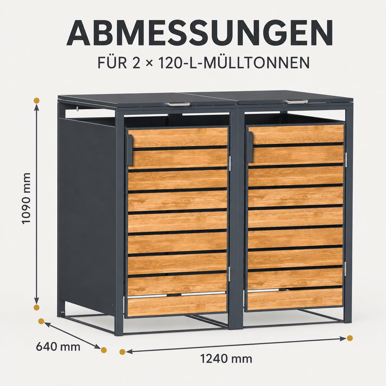 JOMO Mülltonnenbox 2er 120L mit Holzoptik, Mülltonnenhaus aus verzinktem Stahl für 2X 120L Tonne, wetterfeste Mülltonnenverkleidung mit Holzdekor, stabile Müllbox mit Belüftung