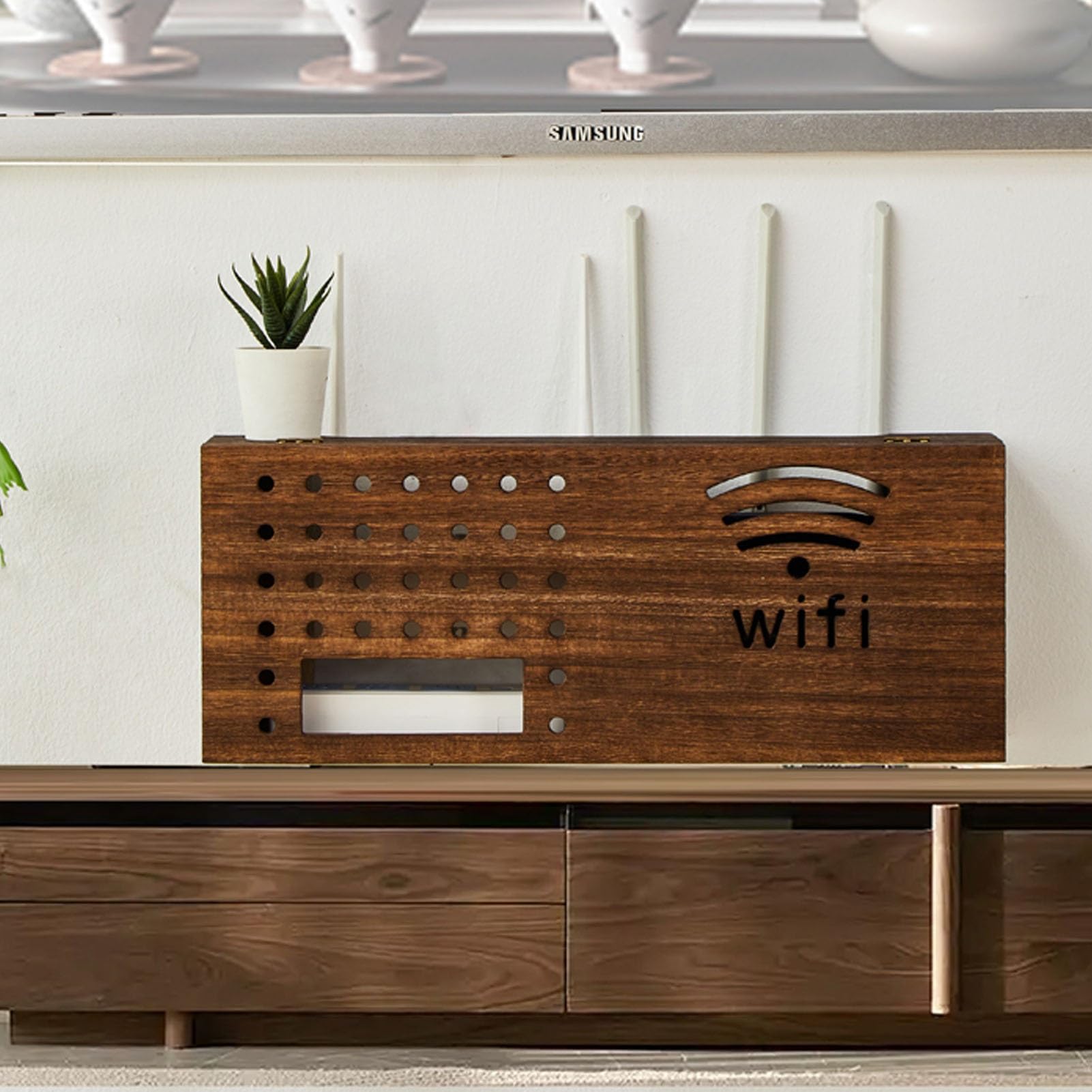 Pudełko do Przechowywania Routera WiFi, Drewniane Pudełko do Routera, Półka Ścienna do Routera WiFi, Organizer do Zarządzania Listwą Zasilającą I Kablami do Routera