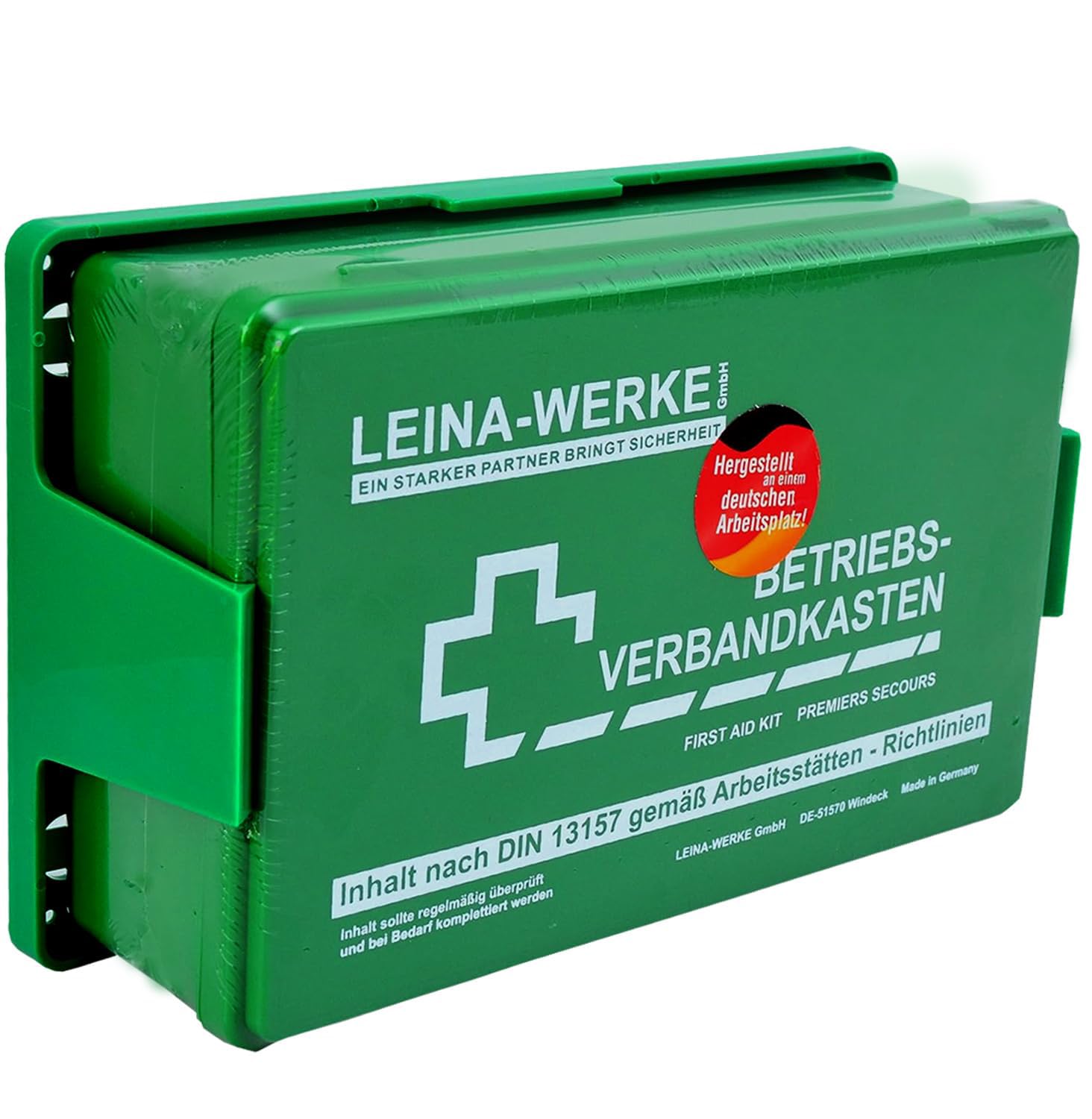 Betriebs-Verbandkasten DIN13157 mit Halterung Made in Germany + BG-Info-Paket mit Aushang Erste-Hilfe + Sicheitszeichen + Verhalten bei Unfällen + Verhalten im Brandfall
