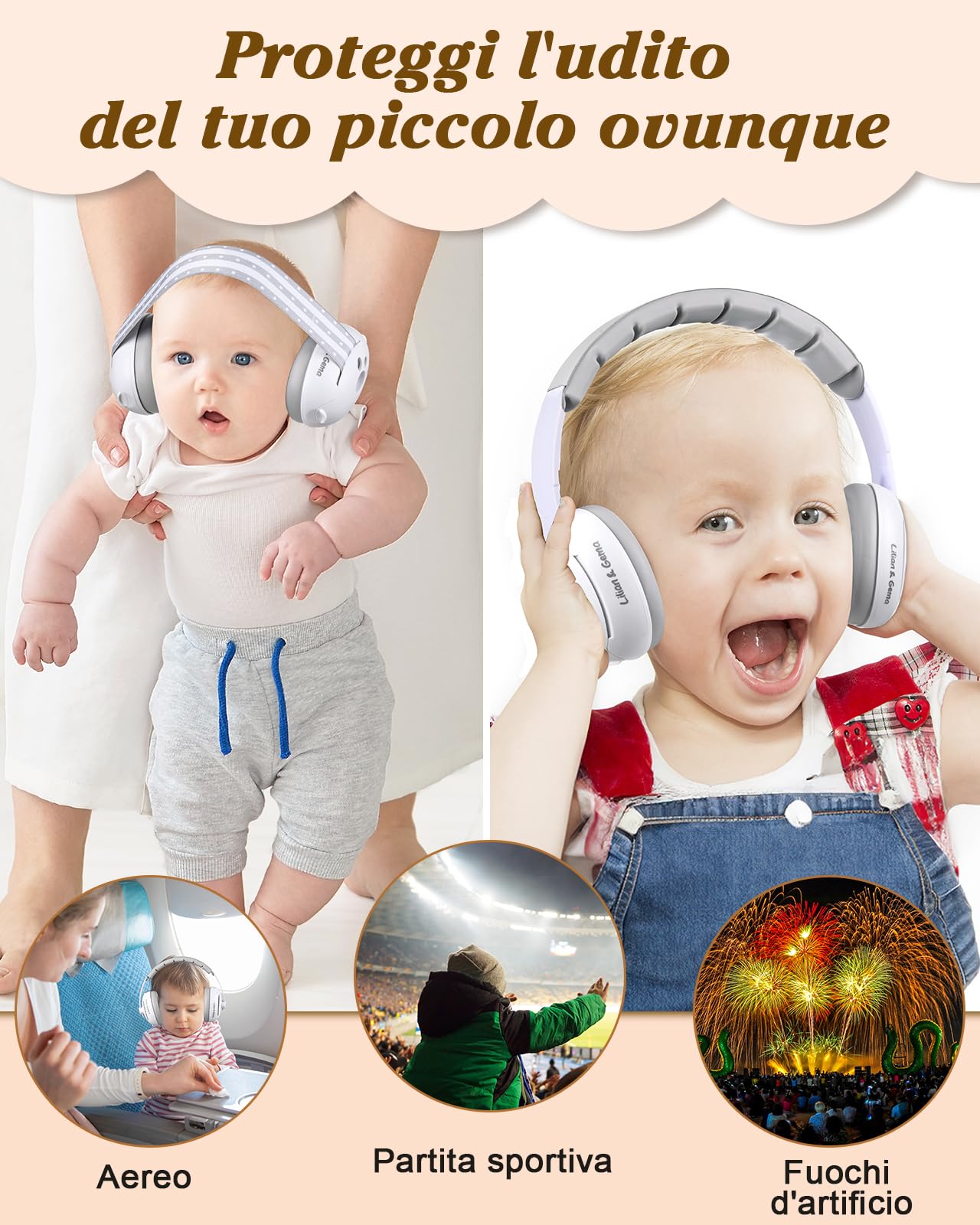 Lilian&Gema 2 in 1 Cuffie Neonato Antirumore -25dB,Protettori acustici per neonati, archetto regolabile, antiscivolo e antistress, protezione acustica ideale per neonati fino a 48 mesi