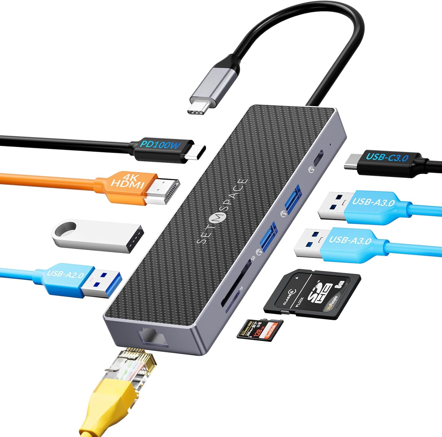 USB C Docking Station, Laptop Docking Station 10 in 1 with Ethernet 1000M, USB C Hub HDMI, PD 100W, TF/SD Reader, USB C 3.0, 4 USB A for MacBook Pro/Air, Surface, iPad, Cable Length: 7.87in
