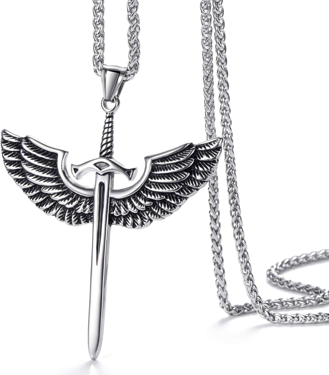 Mens Stainless Steel Pendant Necklace Angel Wings Sword Cross Pendant with 24 Inches Link Chain - Image 3