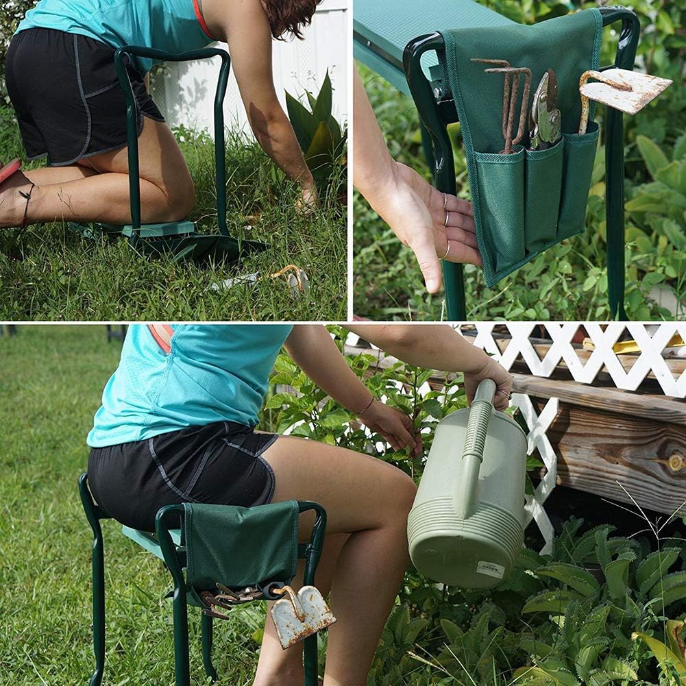 Folding Garden Kneeler and Seat Garden Kneeler and Seat Stool Heavy Duty Garden Folding Bench with Soft EVA Kneeling Pad for Gardening Lovers Sturdy and Lightweight (C: Stool + Side Pocket)