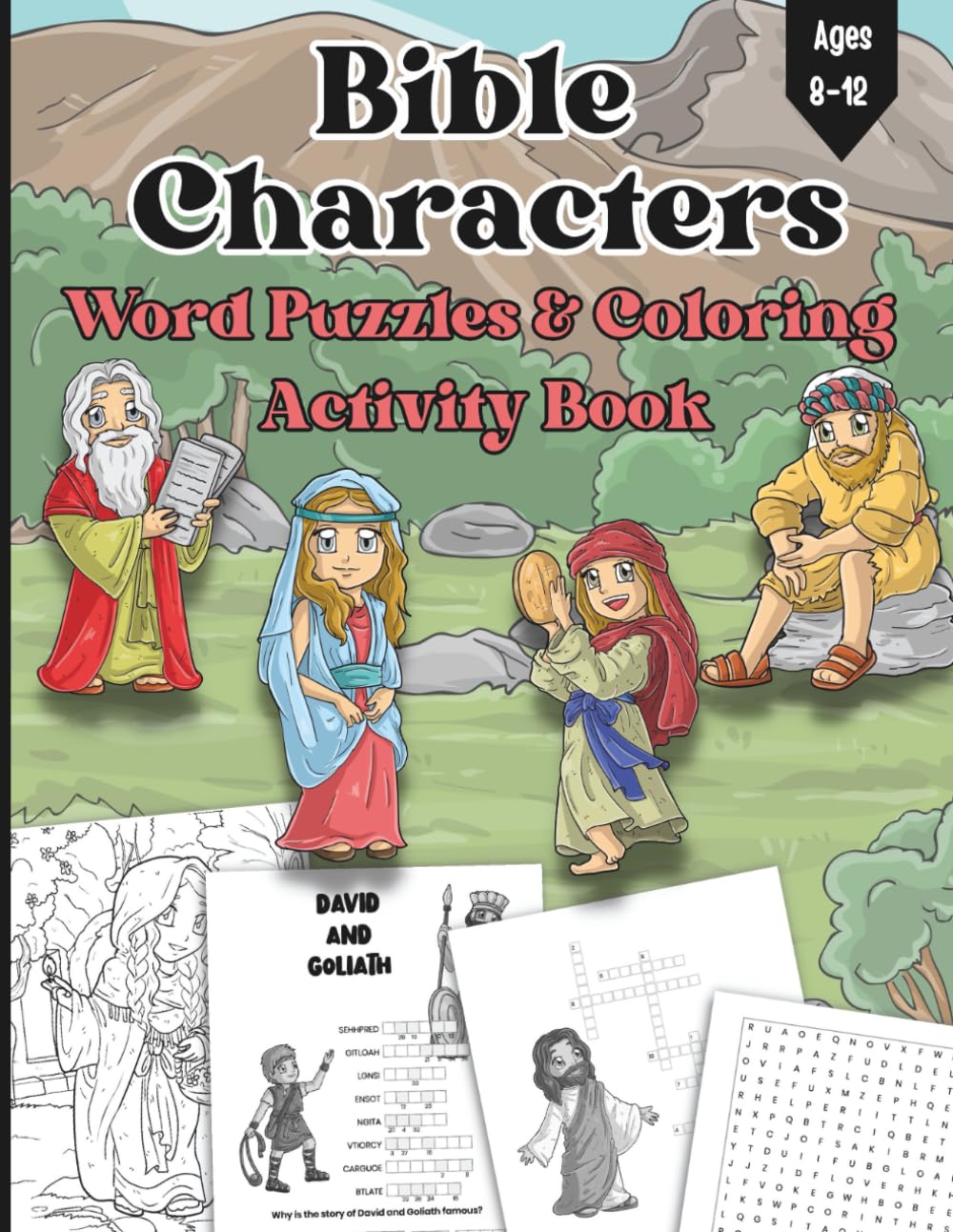 Bible Characters Word Puzzles And Coloring Activity Book: For Kids 8-12 Years Old