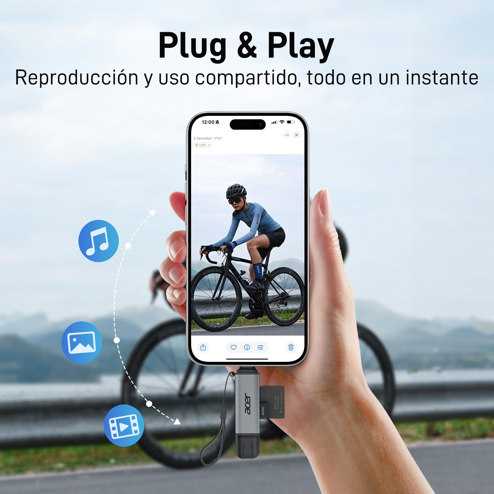 acer Lector de Tarjetas SD/Micro SD, Adaptador de Lector Tarjetas USB C y USB 3.0 Dual Conector, Compatible con SD/Micro SD/SDHC/SDXC/MMC para iPhone 15/16 Pro MAX, MacBook Air/Pro, Galaxy S25, etc.