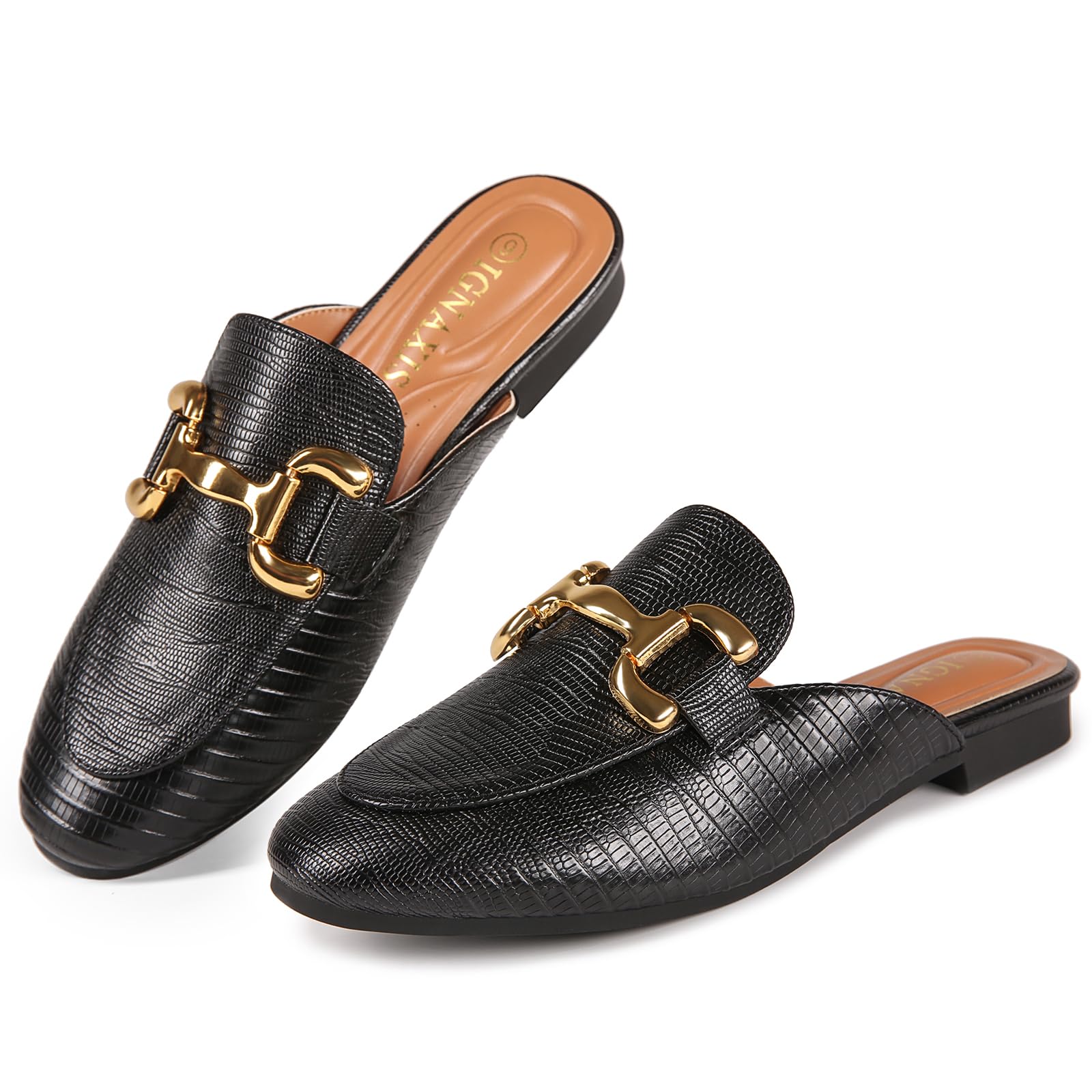 ignaxis Mules for Women Flats Round Toe Womens Mules Buckle Slip on Slides Backless Loafer Shoes