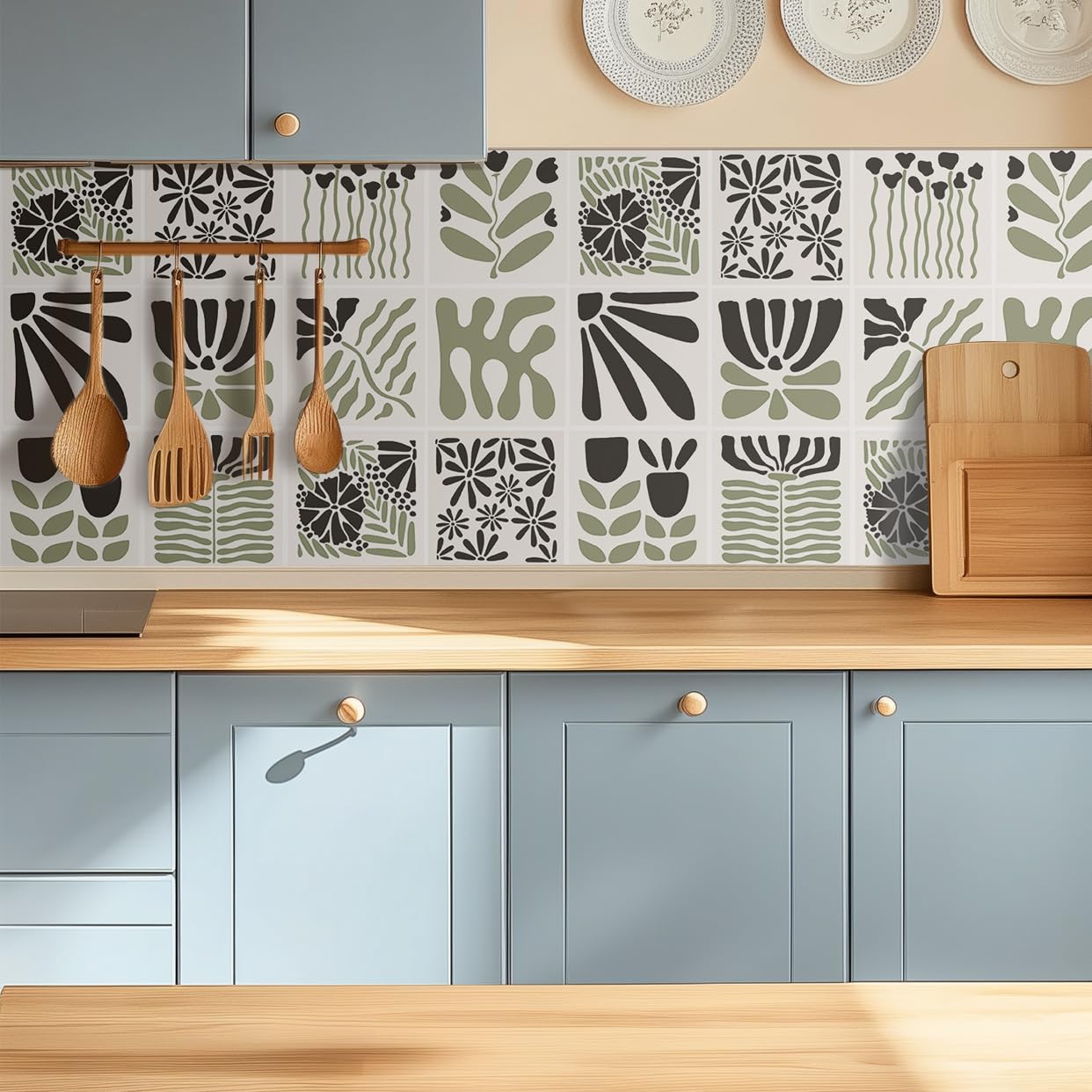Alwayspon Tile Sticker, 20PcsX20cm/8inch Sage Green Floral Self Adhesive Stick on Tiles Transfer Sticker for Bathroom Kitchen, Splashback, Peel and Stick Vinyl Floor Wall Tiles Sticker