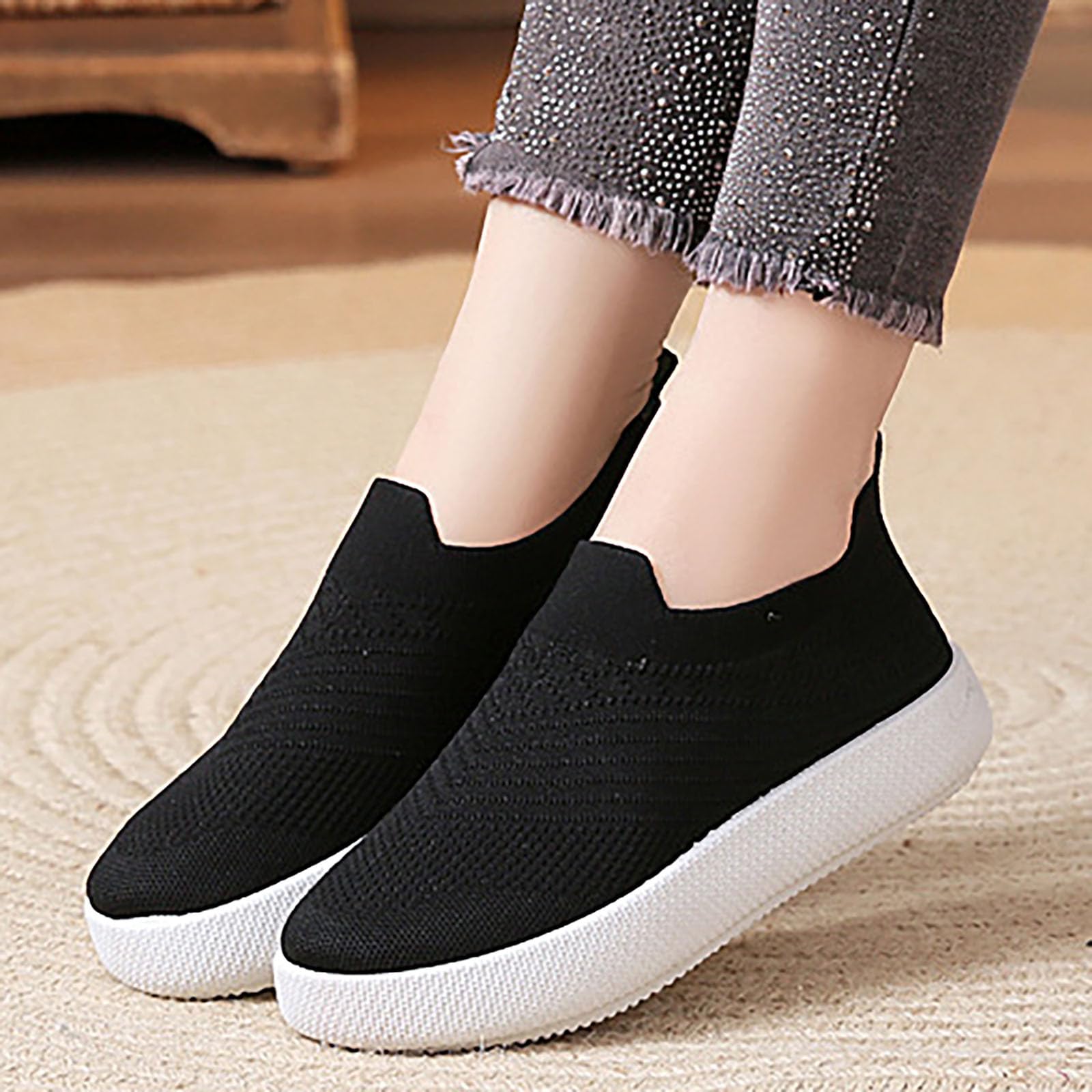 Chaussures tissées à Un étrier pour Femmes, Chaussures Souples et Respirantes, Chaussures de Marche en antidérapantes, Baskets antidérapantes, Noire Chaussure Plate Femme Confortable Chaussure