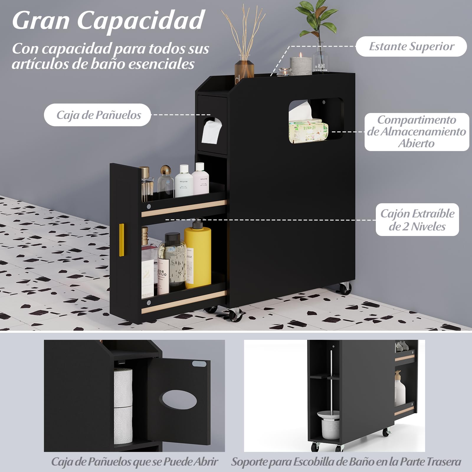 COSTWAY Armario Auxiliar de Baño con Ruedas Bloqueables, Mueble de Baño Estrecho con Cajón Deslizante, Caja de Pañuelos, Soporte para Cepillo de Inodoro para Cocina Salón, 50 x 16 x 69 cm (Negro)