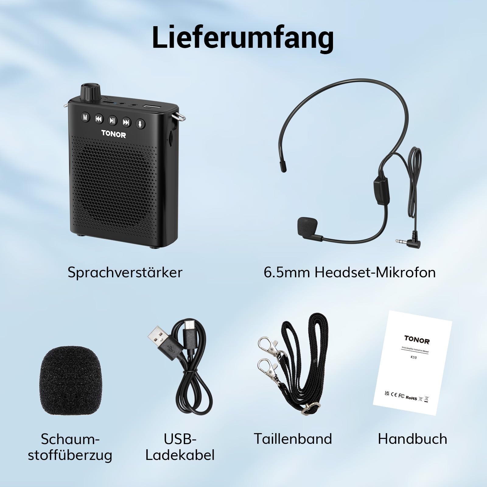 TONOR Sprachverstärker Tragbar, Wiederaufladbarer Mini Stimmverstärker mit Bluetooth Lautsprecher, 100 cm Kabelgebundenem Mikrofon-Headset, PA-System für Trainer, Reiseführer, Tagungen, Fitness, K10