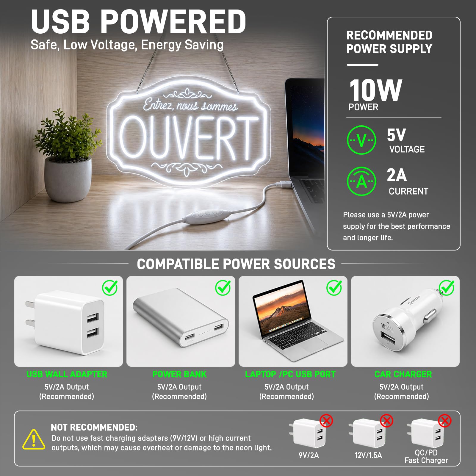 OUVERT Neon Schild, Nous sommes ouverts LED Schild für Geschäfte, weiße LED Neonleuchte für Bars, Restaurants, Supermärkte, Cafés, USB Neon Hängeschild Geöffnet für Tür und Fenster
