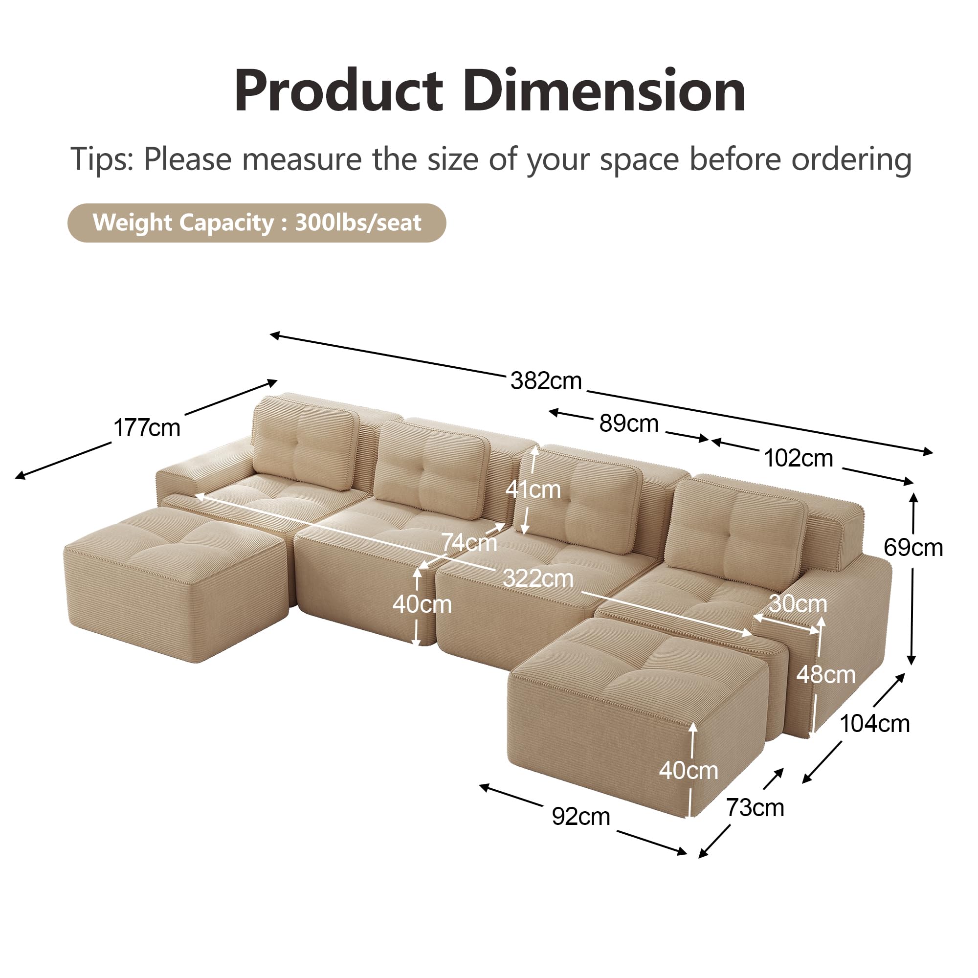 Bladez Sofá rinconera Modular en U de 4 plazas de Pana con 3 pufs, Beige