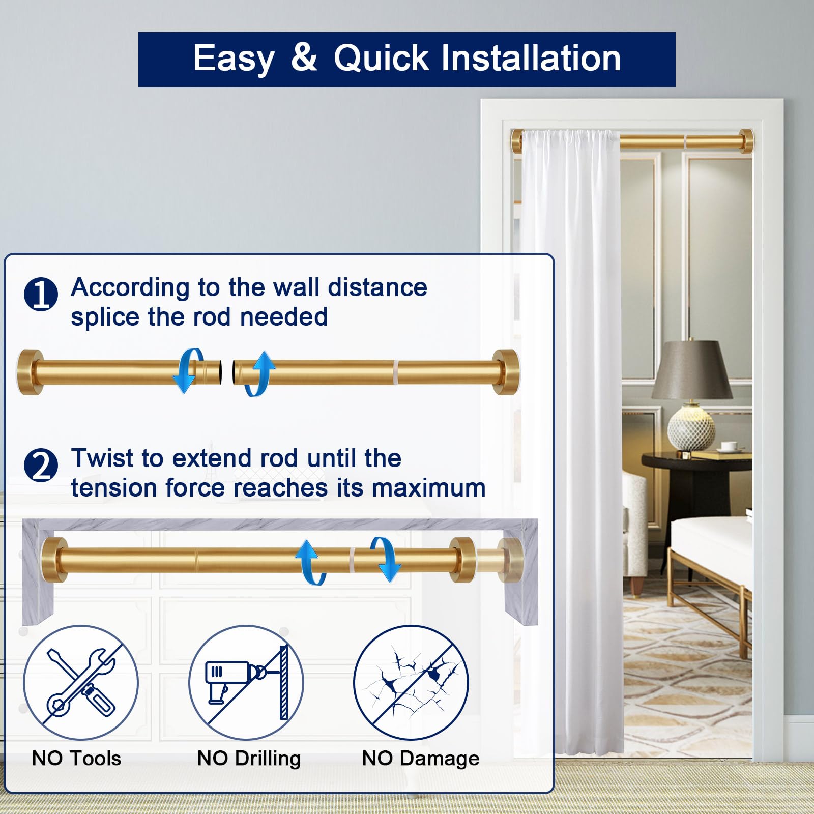 YNL Tension Curtain Rod 34-52 inches-No Drill, Never Rust, Non-Slip, Small Window Rod, Adjustable Short Rod for Laundry & Door & Cabinet, 1 Inch Diameter, Stainless Steel, Brushed Gold