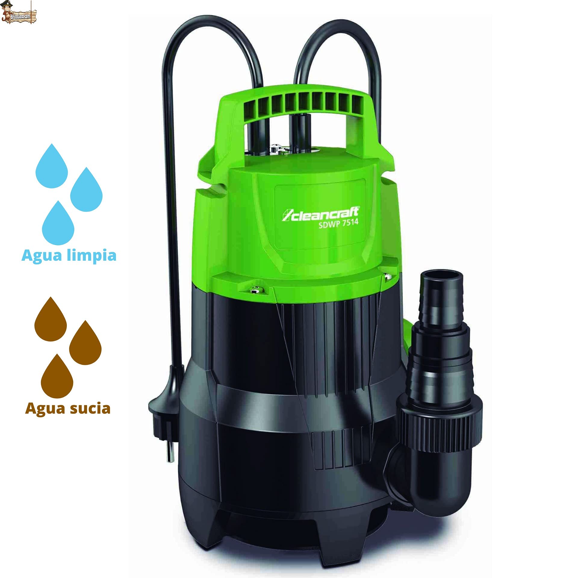 BricoLoco Bomba sumergible achique aguas sucias. Boya eléctrica. 8 metros elevación. 750 watios. Apagado automático por falta de agua. Evita roturas. Caudal 233 litros por minuto.
