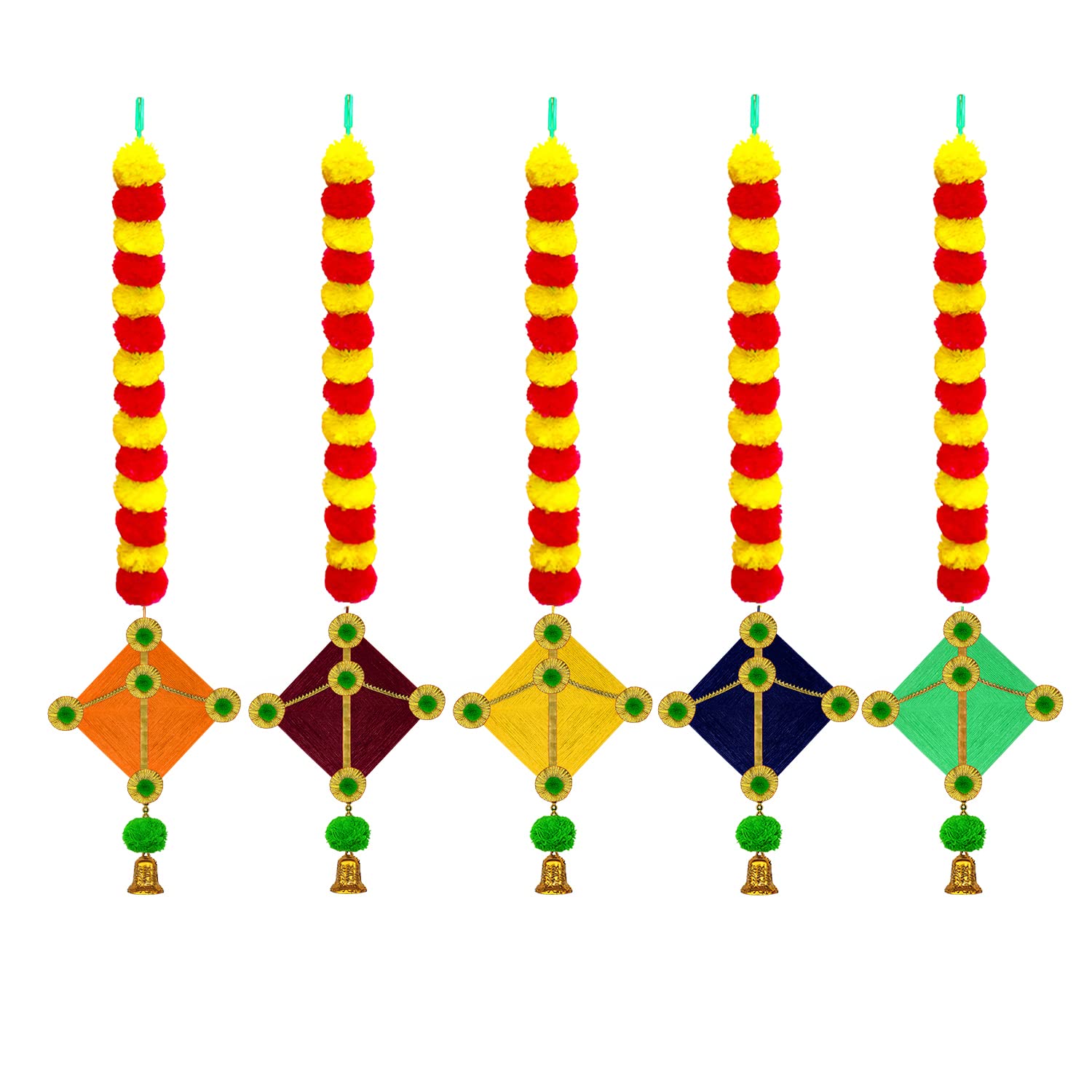 iHandikart Handmade Artificial Marigold Flowers Woolen Hanging Kite|Makar Sankranti Decoration Items|Kites for Decoration, Size 45x2.5 inches, Colour Red & Yellow, Pack of 5 (31506-5-K)