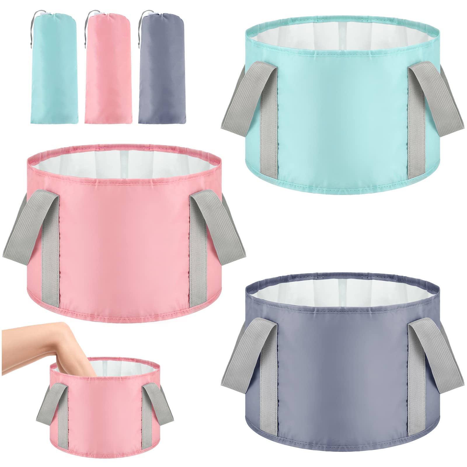 Meanplan 3 Pcs 14 L Collapsible Foot Soak Tub Basin Teal Pink Gray