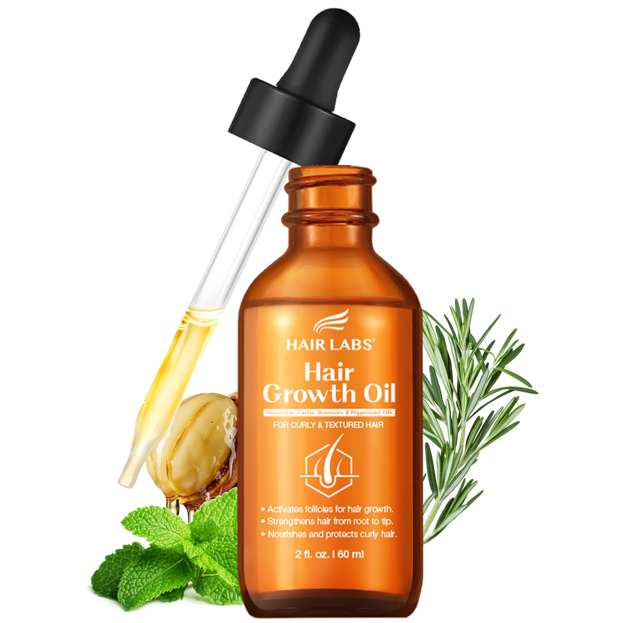 Hair Growth Oil for Curly Hair, Coily & Textured – Castor, Rosemary & Peppermint & Pumpkin Seed Oil, Strengthens Hair, Reduces Breakage, 60ml