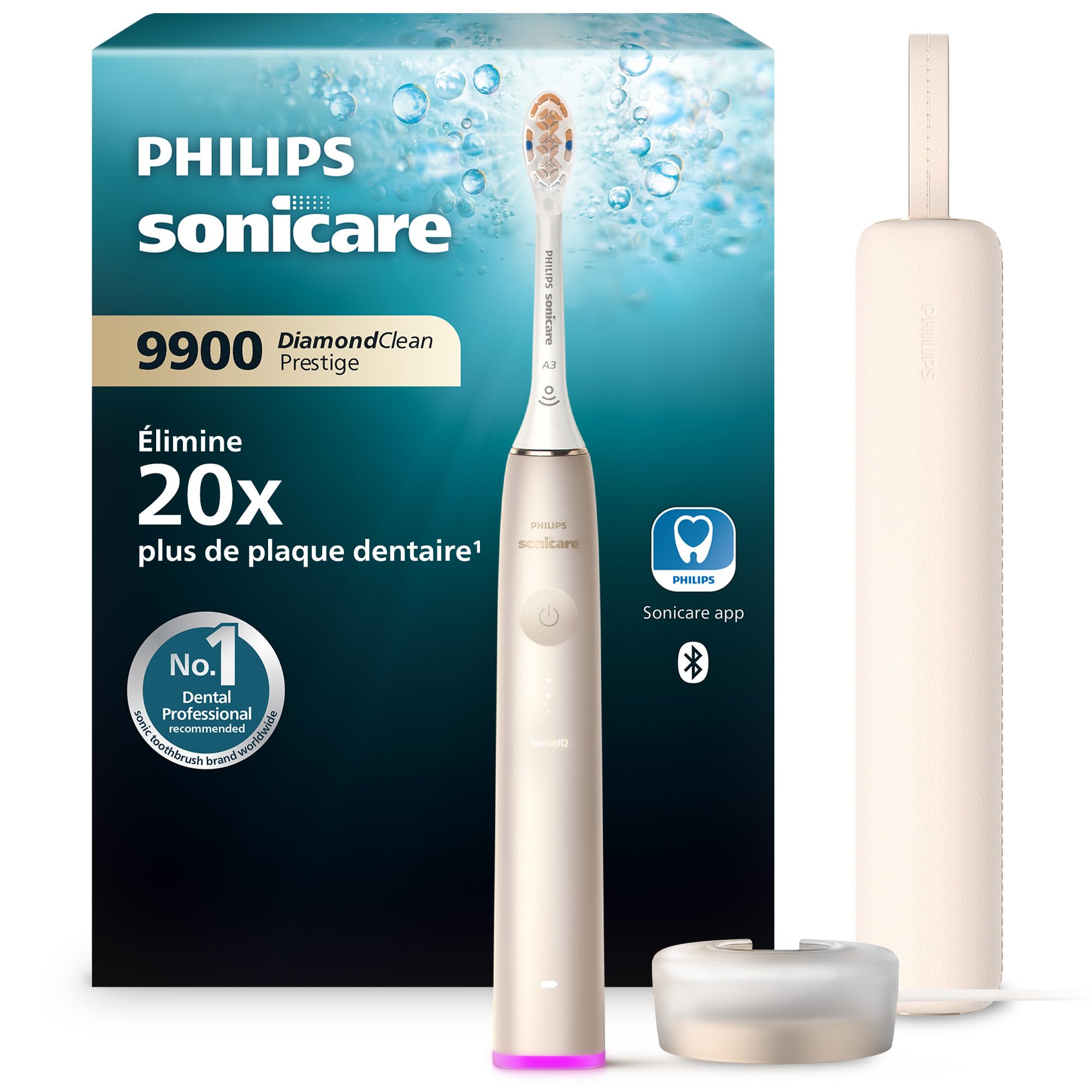 Philips Sonicare DiamondClean Prestige 9900 - brosse à dents électrique avec 1 tête de brosse A3 Premium tout-​en-​un et un boîtier de charge couleur perle (modèle HX9992/​11)