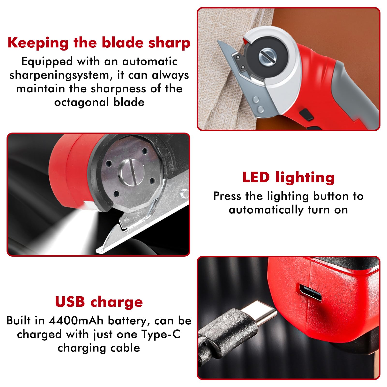 Cortador de cartón eléctrico, 2000 Mah, tijeras eléctricas, 4,2 V, tijeras eléctricas con interruptor de seguridad, para telas alfombras de cuero (rojo)