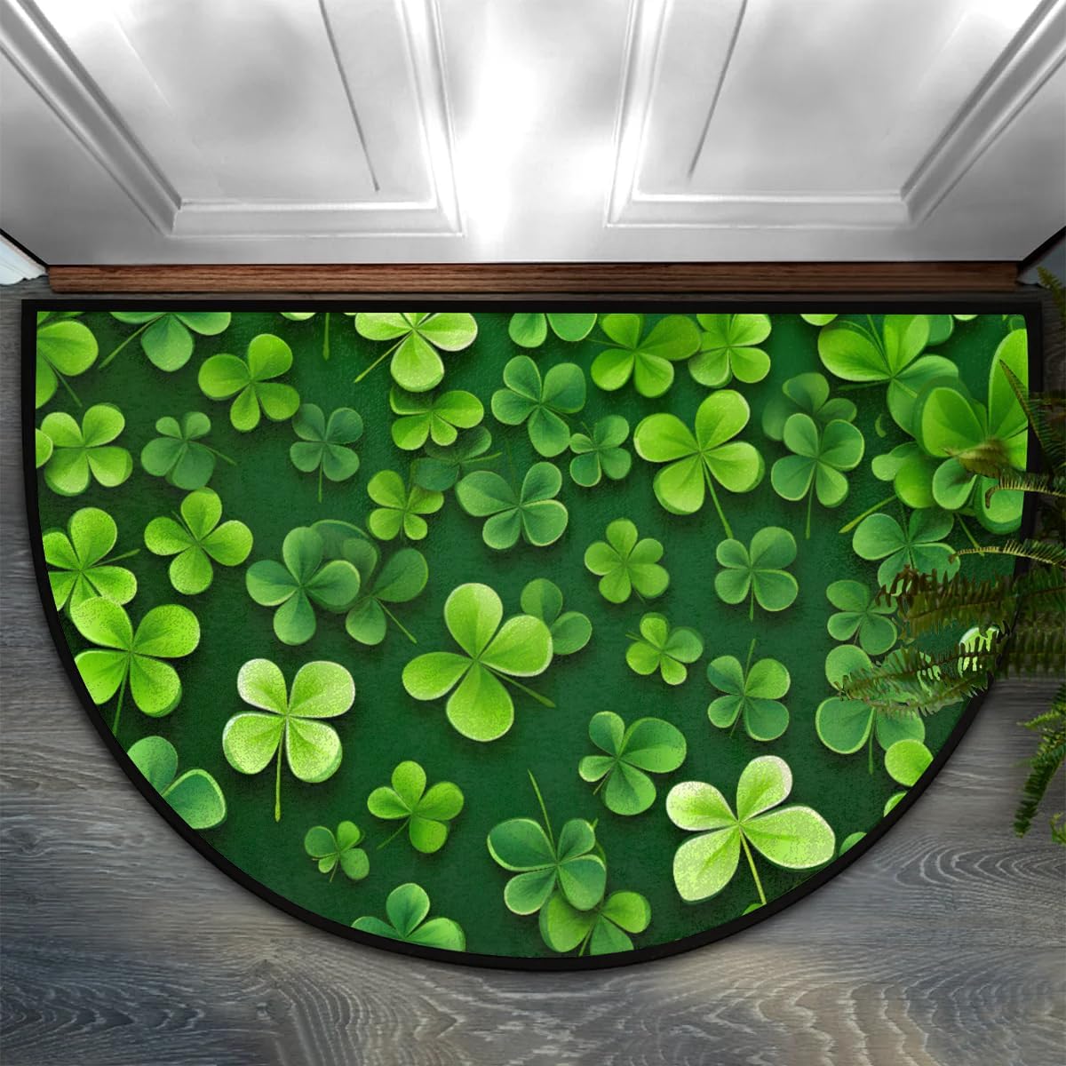 cfpolar Half Round Door Mat Green Leaves Clover Non-Slip Semi Circle Area Rug Washable Half Moon Hearth Rugs for Indoor Outdoor Bathroom Kitchen Patio Runner Mat Laundry Room Home Decoration