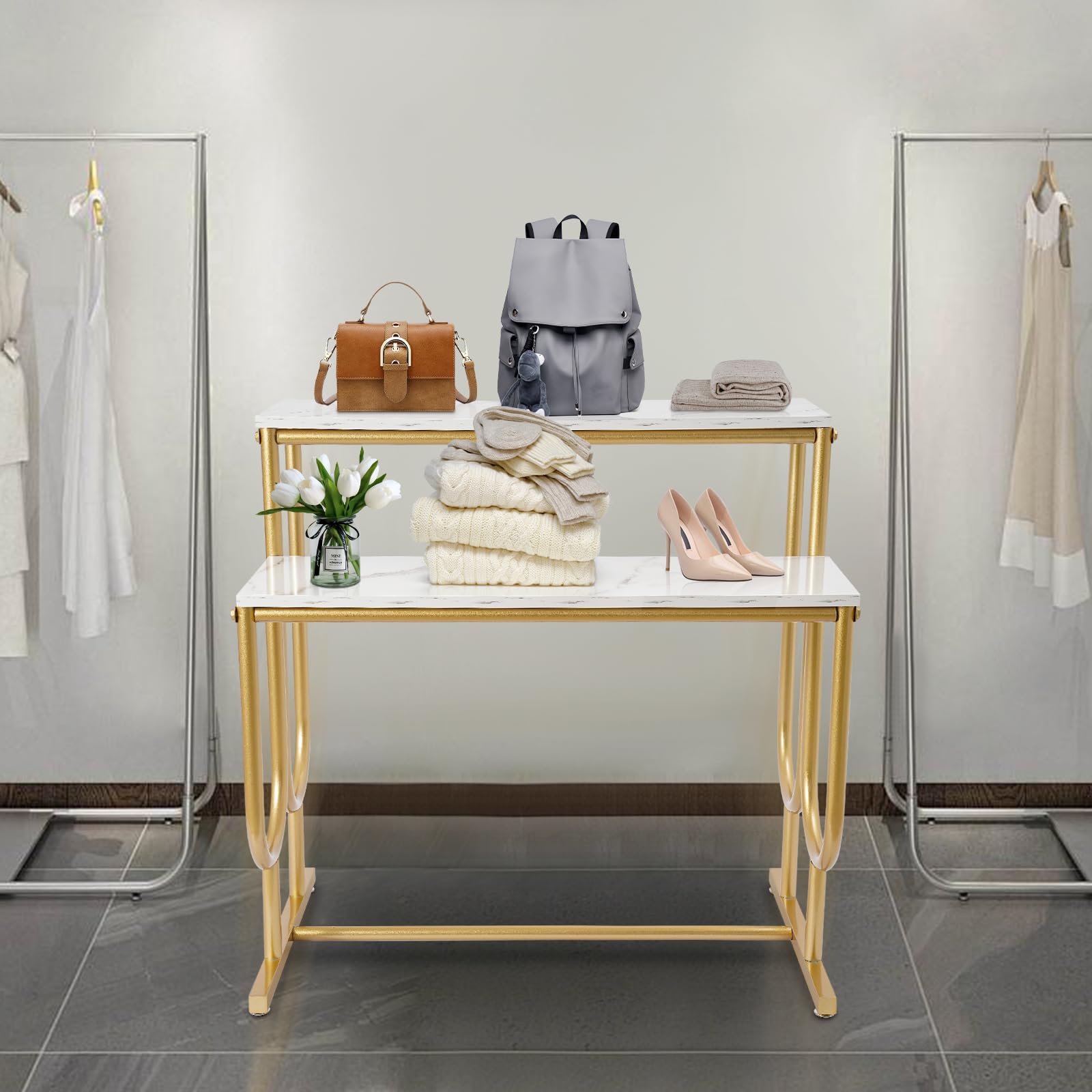 Espositore da banco a 2 Ripiani per Negozi di Abbigliamento, Scarpe, Borse, Cappelli, Borse, Cosmetici, Gioielli, Artigianato, Fiori, Cibo, Tavolo da Esposizione, Organizer da banco, Oro