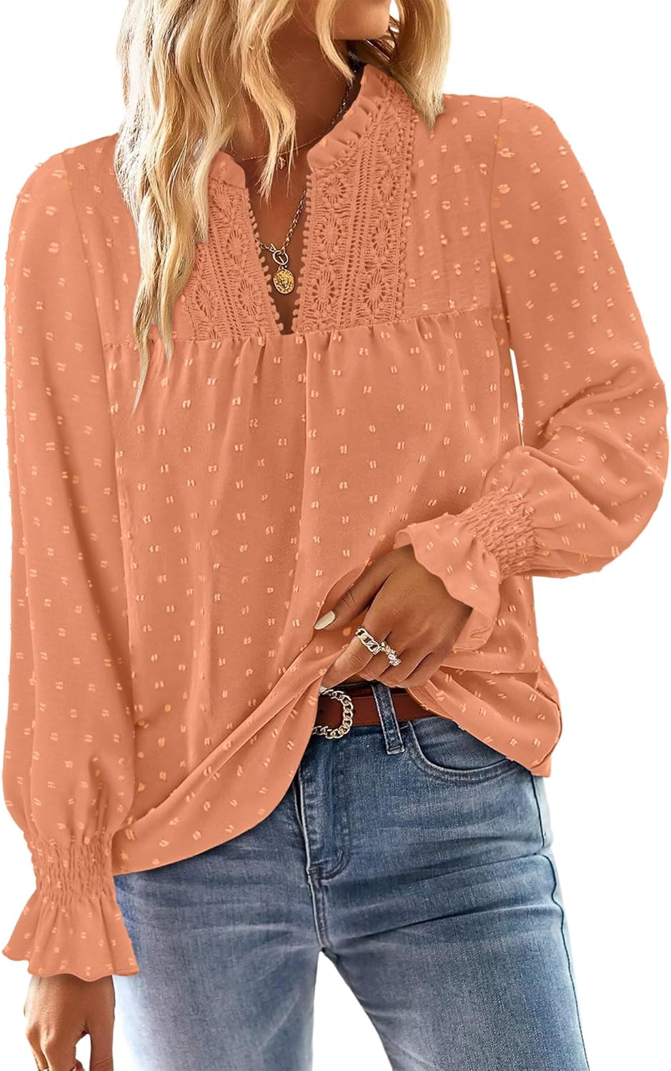 BETTE BOUTIK Women Boho Long Sleeve Shirts Dressy Casual V Neck Fall Fashion Tops Swiss Dot Flowy Blouses