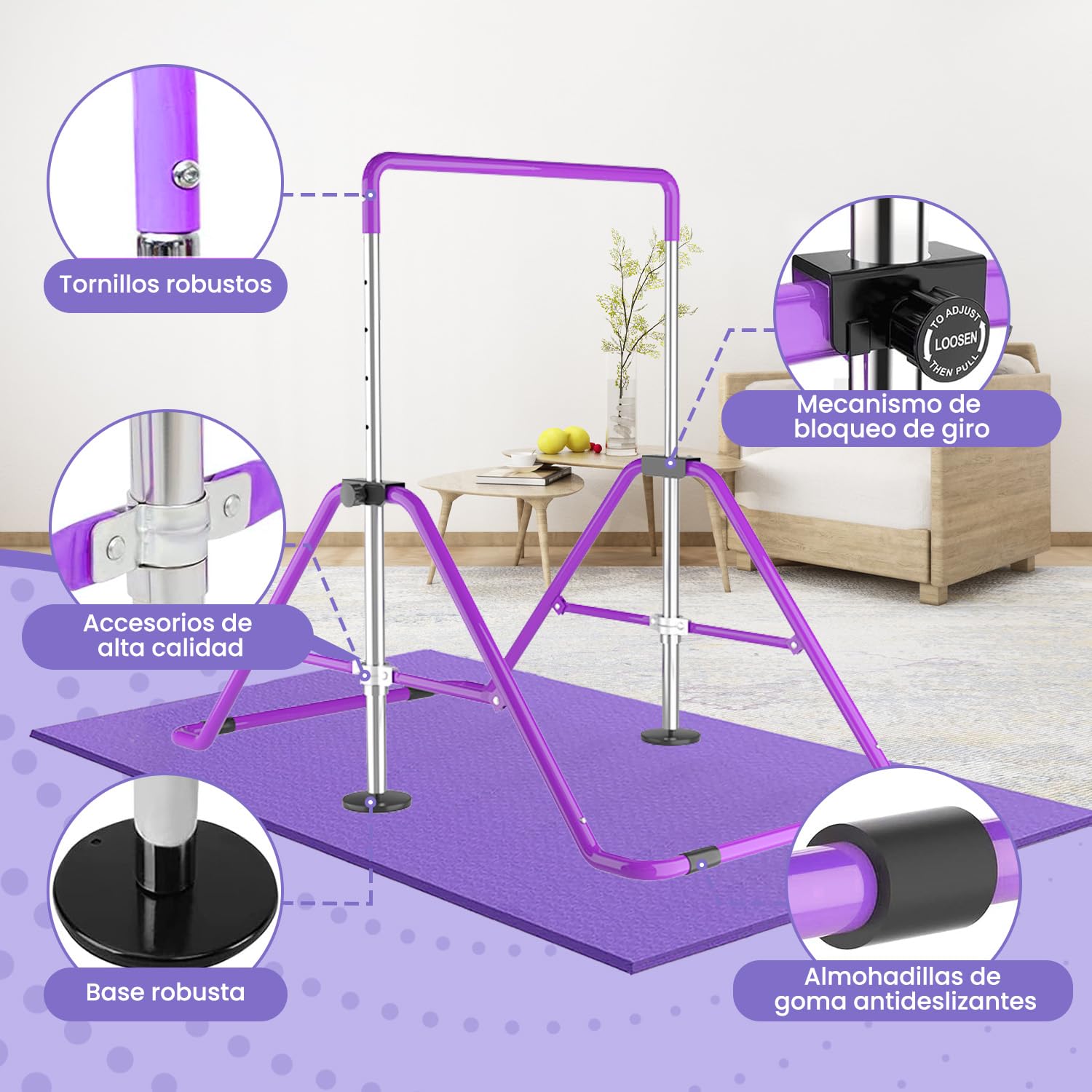 DOBESTS Barras de Gimnasia para el hogar, Equipo de Gimnasia para niños, Ajustable, para Entrenamiento en casa, Barra de Gimnasia para niños de 3 a 7 años (Barra Horizontal Morada con Relleno)