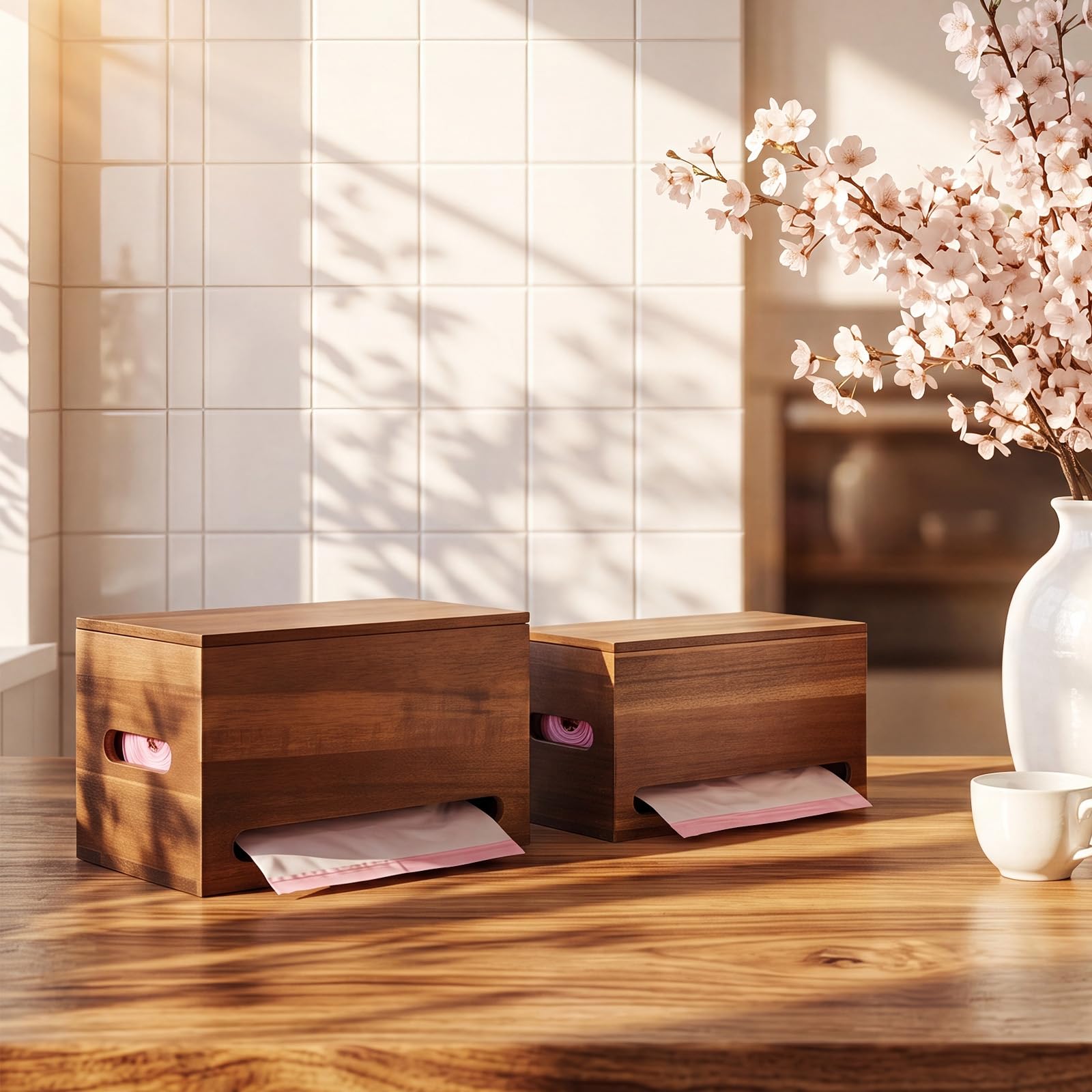 SiliFine Müllbeutelspender, Akazienholz, Wandhalterung, 2 Größen, Müllbeutelhalter, Organizer für Badezimmer, Küche, unter der Spüle, Arbeitsplatte, Waschküche, 2 Stück