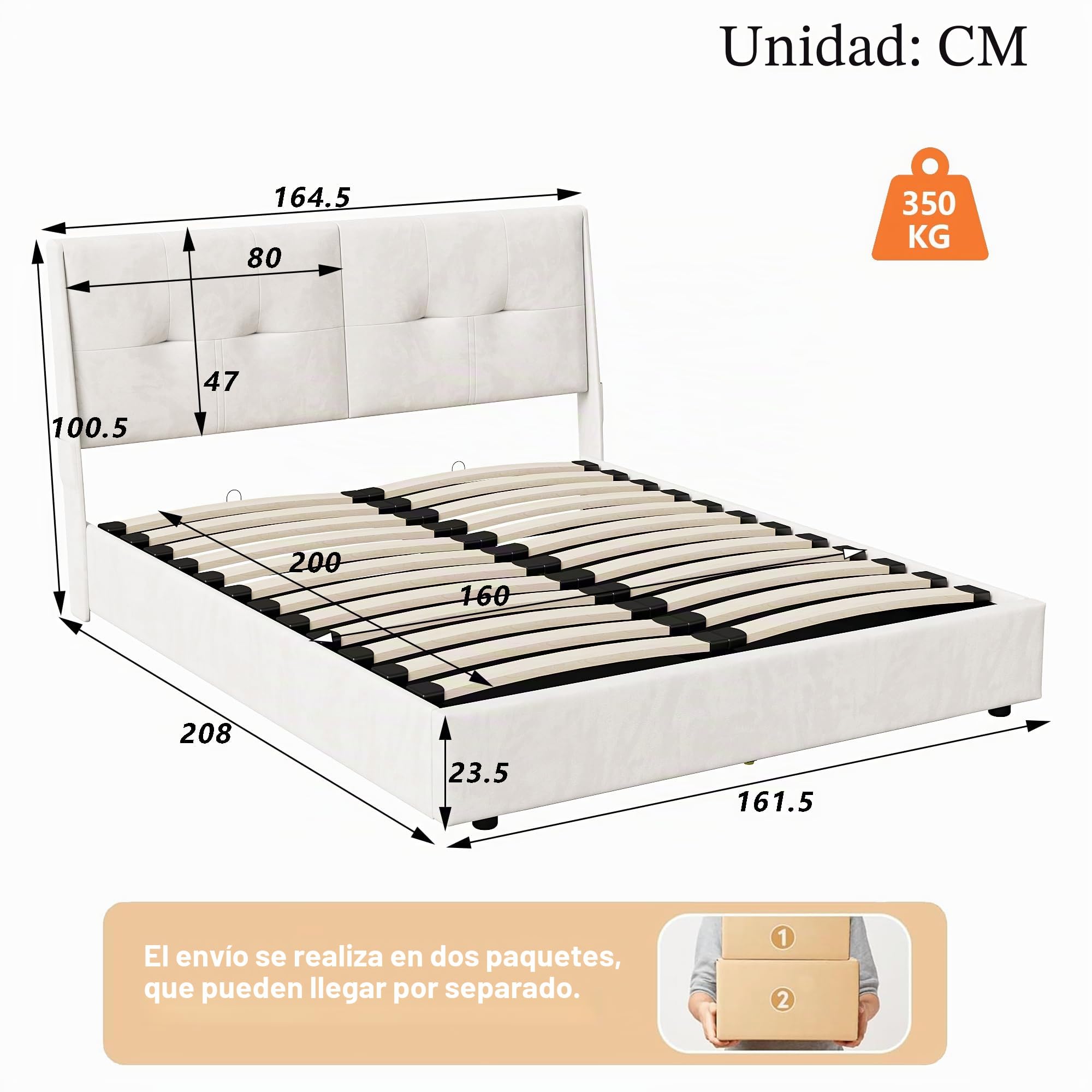 Cama Acolchada De Matrimonio 160 X 200 Cm, Estructura Para Cama Con LED, Almacenamiento De Elevación Hidráulica, Respaldo Cómodo, Somier De Láminas, Franela Beige