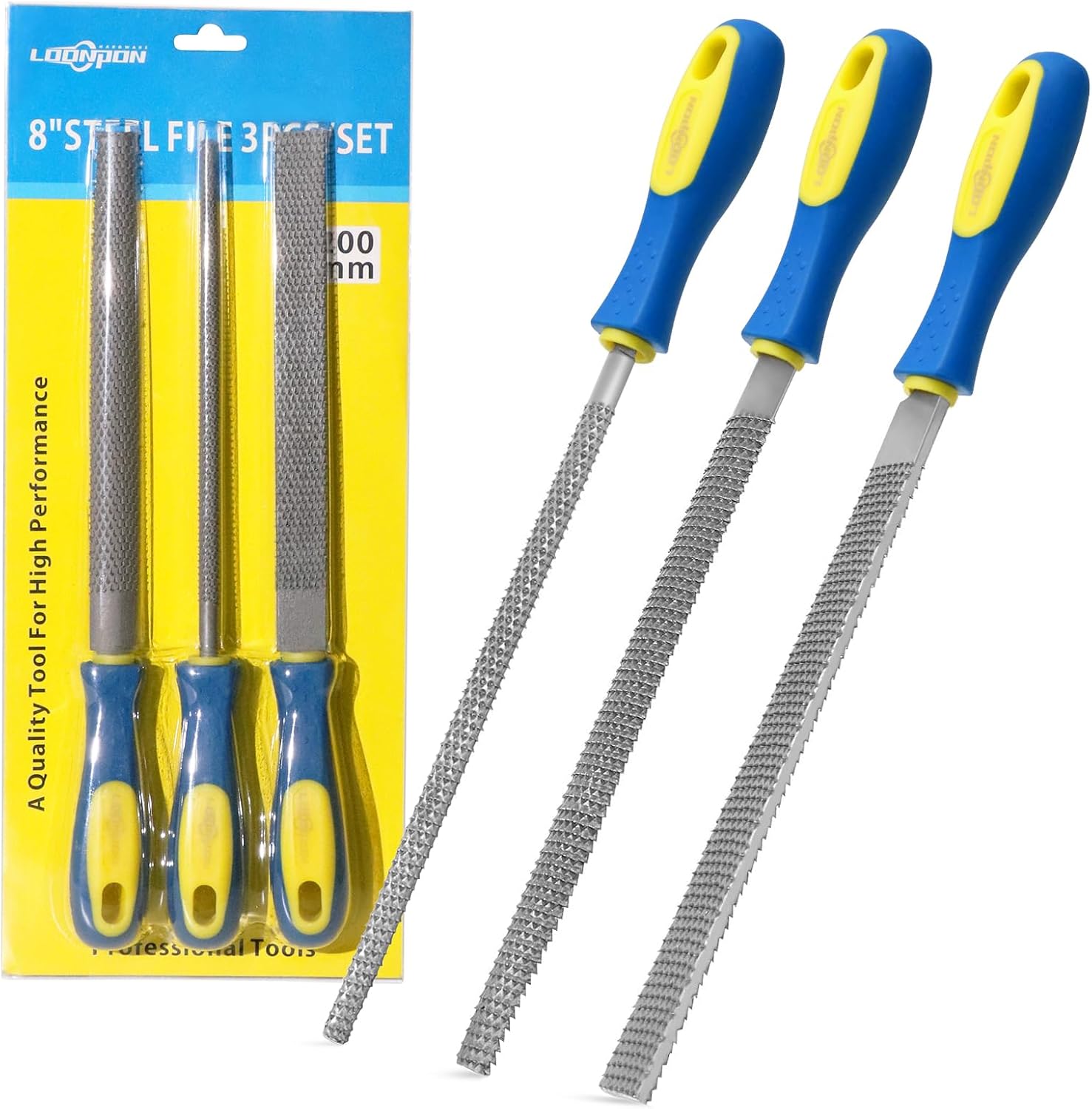 YKLP 8inch Metal File Set,3pcs High-Carbon Steel Needle File,Flat/Half-Round/Round for Metal Wood Working