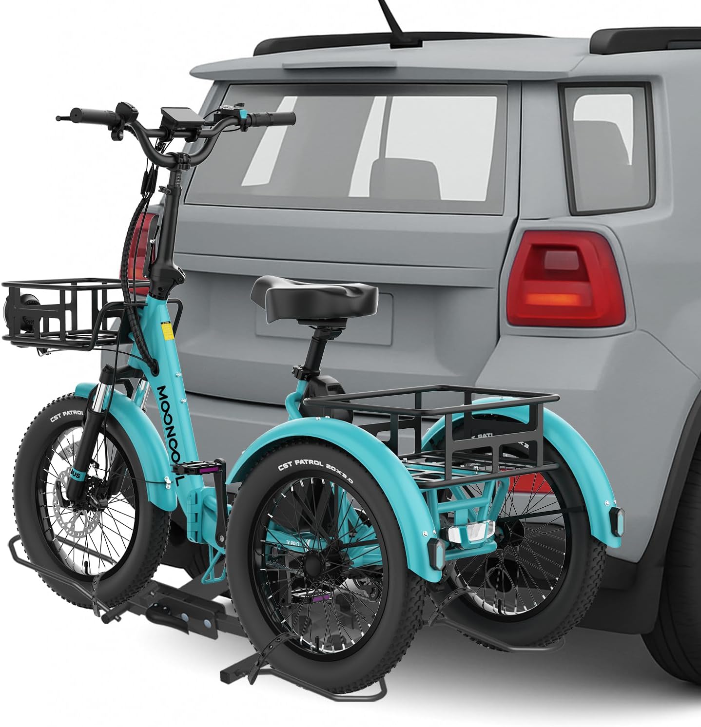 NAIZEA Trike Rack for Ebike Heavy-Duty,Fat Tire 3 Wheel Bike Rack for Tow Hitch 170 lbs Capacity, Heavy-Duty Foldable Bike Carrier for Standard, 2 inch Receiver, Fits 5" Wide Tires