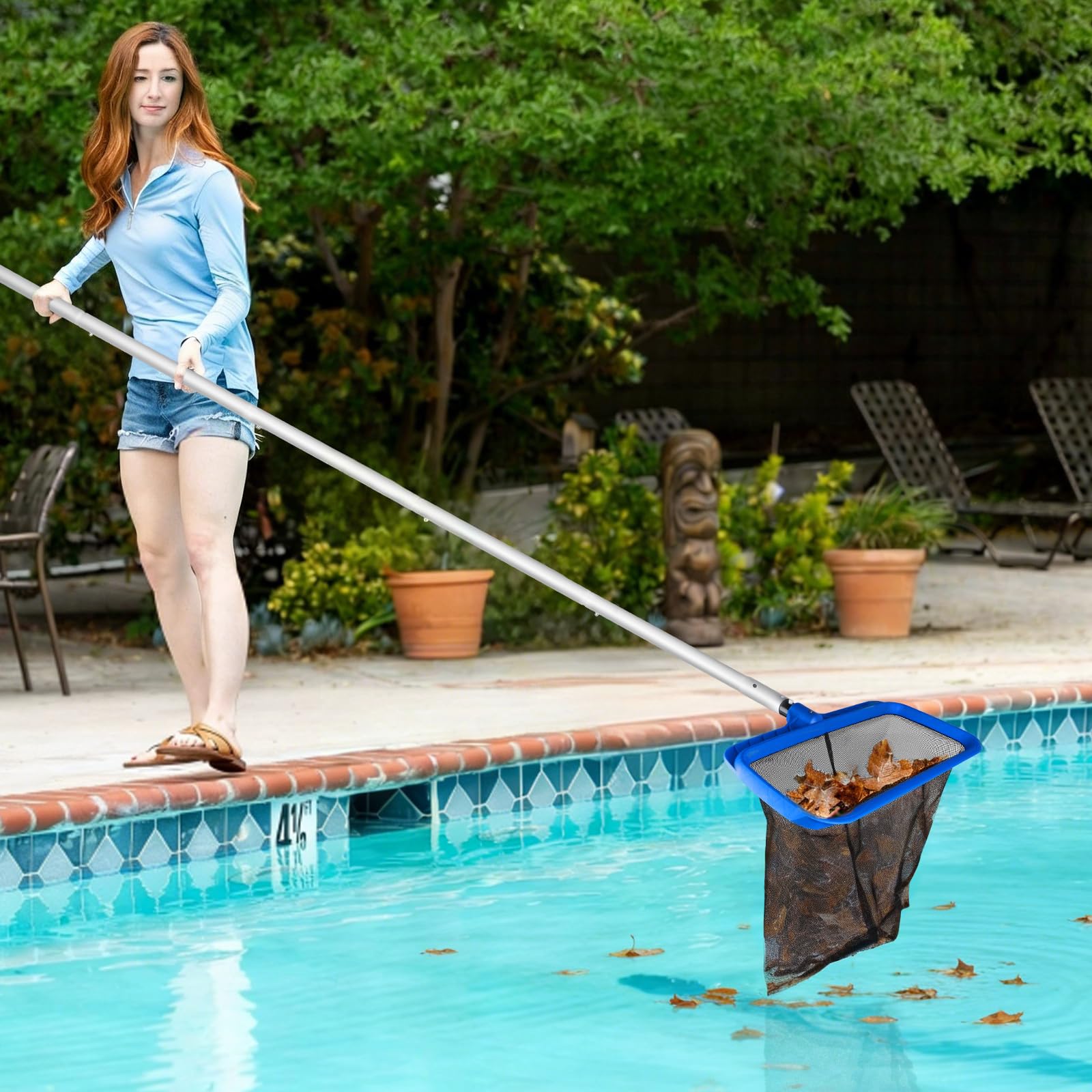 Épuisette de Fond pour Piscine, Filet de Nettoyage avec Manche réglable 2,8m Filet pour Piscine, épuisette pour étang, Spa - Type C (Cadre Bleu Plastique - Filet Noir Grossier Profond)