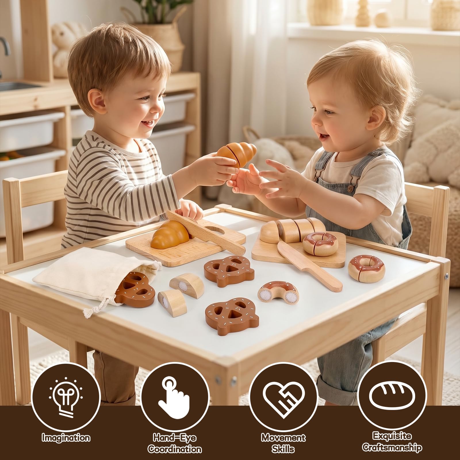 DESPOINA Kinderküche Zubehör, Spielküche Zubehör aus Holz, Frühstück Set Küchenspielzeug Brot Schneiden mit Klettverbindung, ab 3 Jahre Lernspielzeug Rollenspiele Geschenk für Mädchen und Junge
