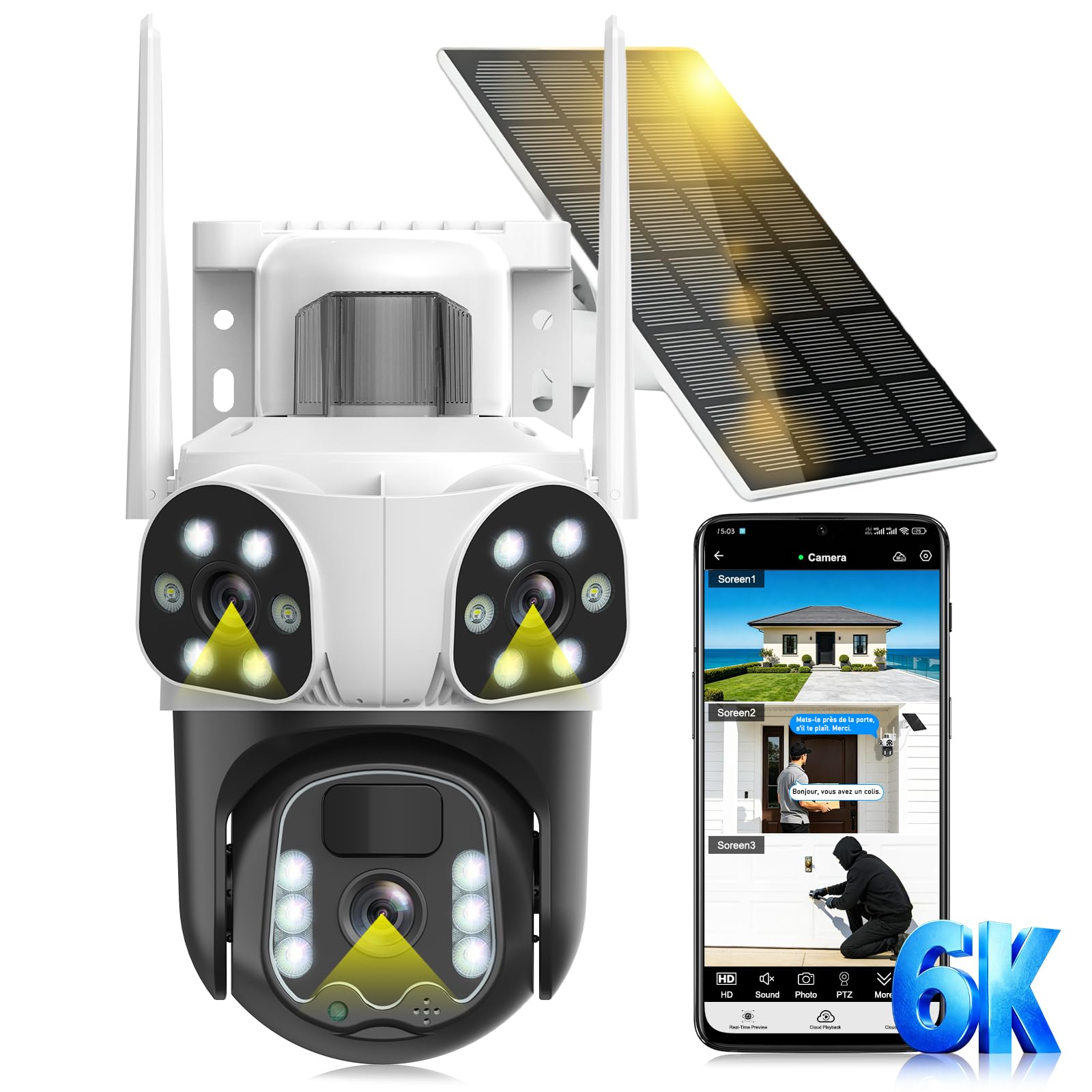 12MP Caméra Surveillance WiFi Extérieure à Triple Objectif,355°PTZ Caméra 3-in-1,Détection Humaine avec Panneau Solaire,Audio Bidirectionnel,Suivi Automatique,Vision Couleur,Batterie 10000mAh,étanche