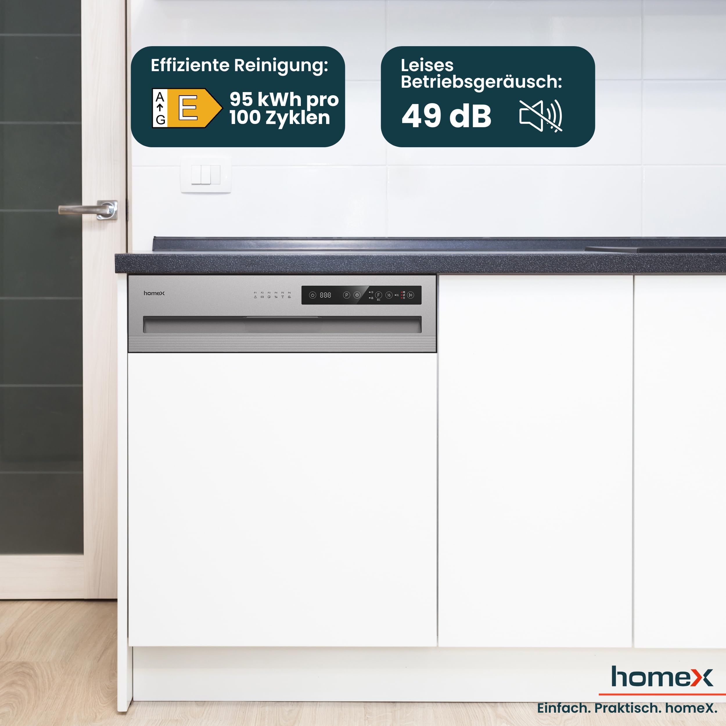 homeX DWSI601449E Geschirrspüler 60 cm teilintegrierbar 14 Maßgedecke 6 Programme AquaStop 49 dB Touch Control Einbaugeschirrspüler
