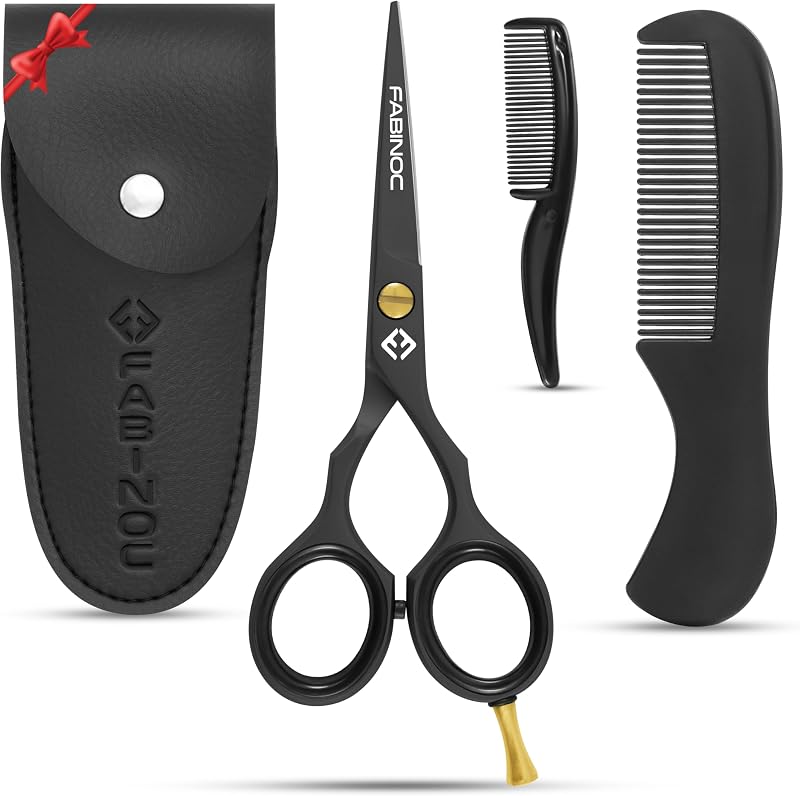 Tesoura FABINOC para Barba e Bigode com 2 Pentes e Bolsa