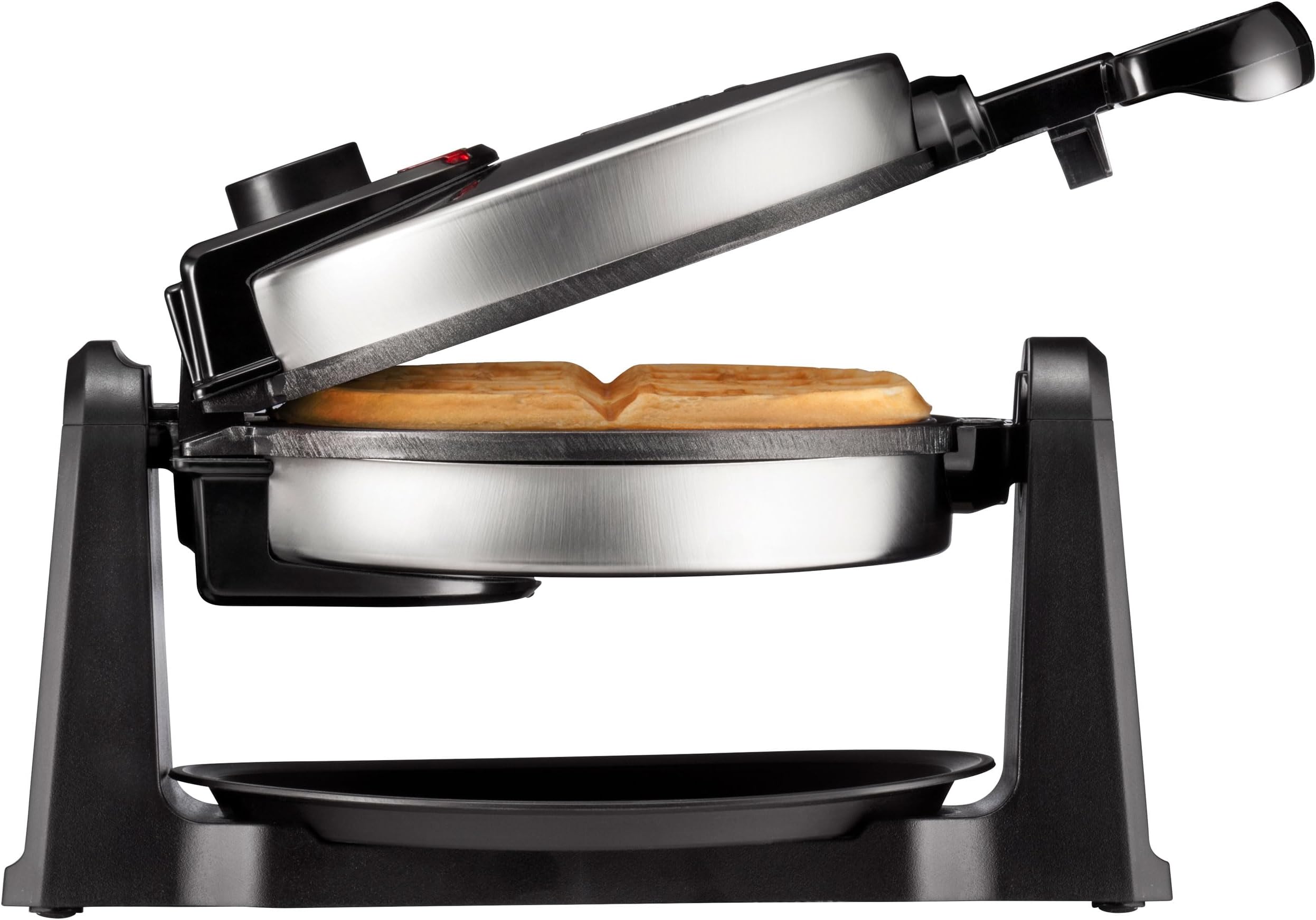 Rotating Belgian Waffle Maker, 180° Flip Iron w/ Non-Stick Plates, Adjustable Timer, Locking Lid, & Drip Plate, Space Saving Storage, Mess-Free Breakfast, Stainless Steel/Black