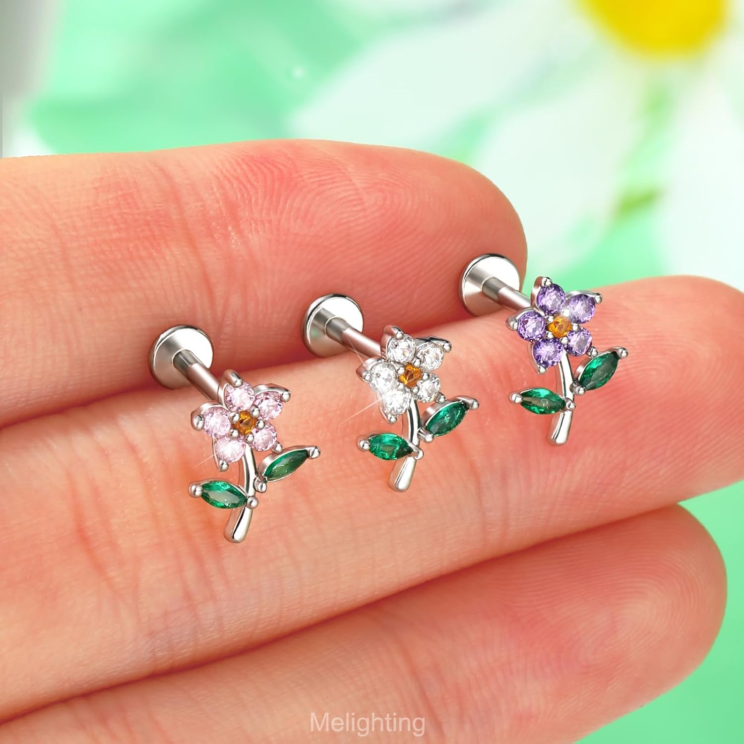 MeIighting Flower Helix Earring 16G Internally Threaded Cartilage Earring Stainless Steel 316L CZ 8 mm Flat Back Earring Tragus Stud Conch Earring for Women - Image 2