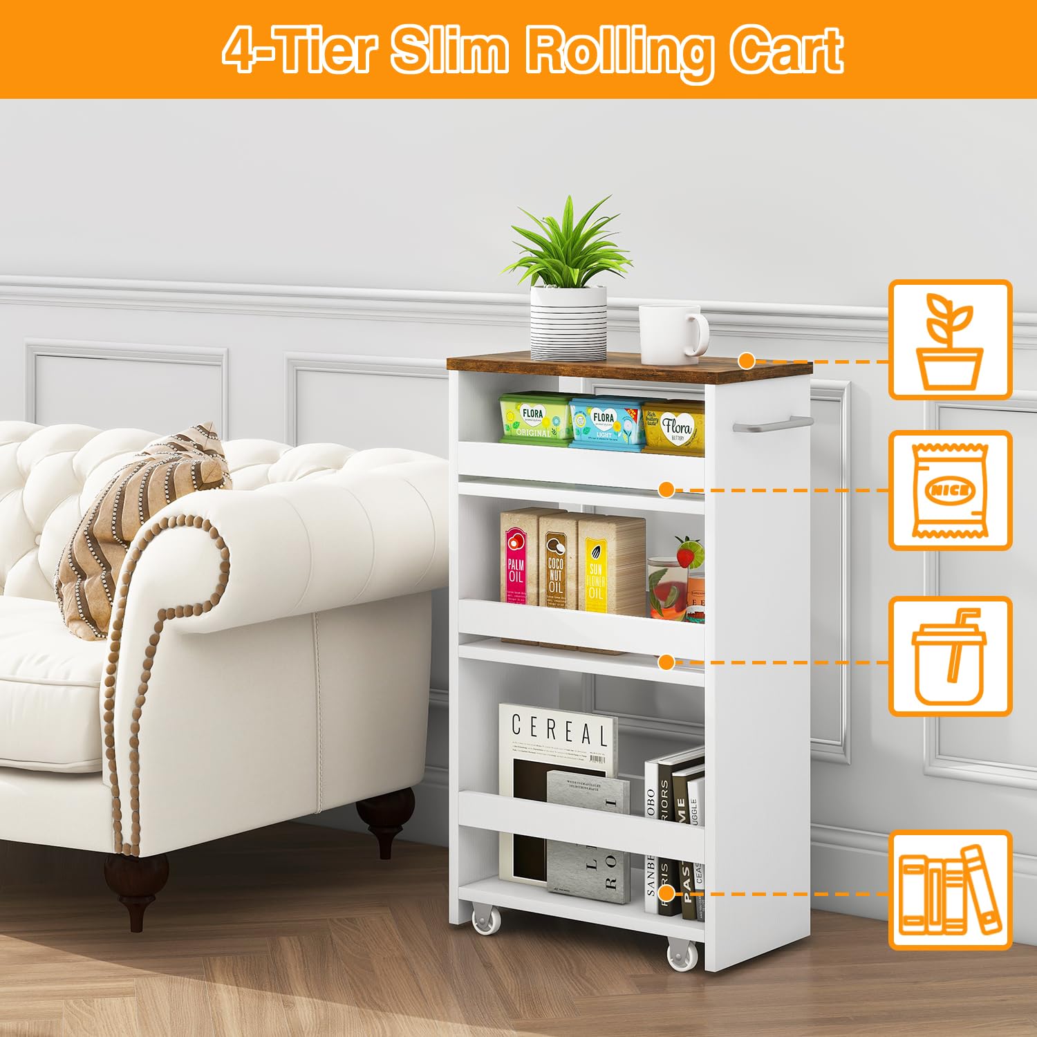 IBUYKE Carrito De Cocina 20 cm Ancho,Carrito con Ruedas de 4 Niveles,Ahorro de Espacio, Carrito Baño Estrecho,Carrito Multipropósito Rolling para Comedor,Sala,Oficina, Blanco WST005W-L
