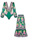 Women One Piece Long Sleeve Deep V Neck Grapes Print Long Sleeve Padded Swimsuit Two Piece Swimwear Bathing Suits