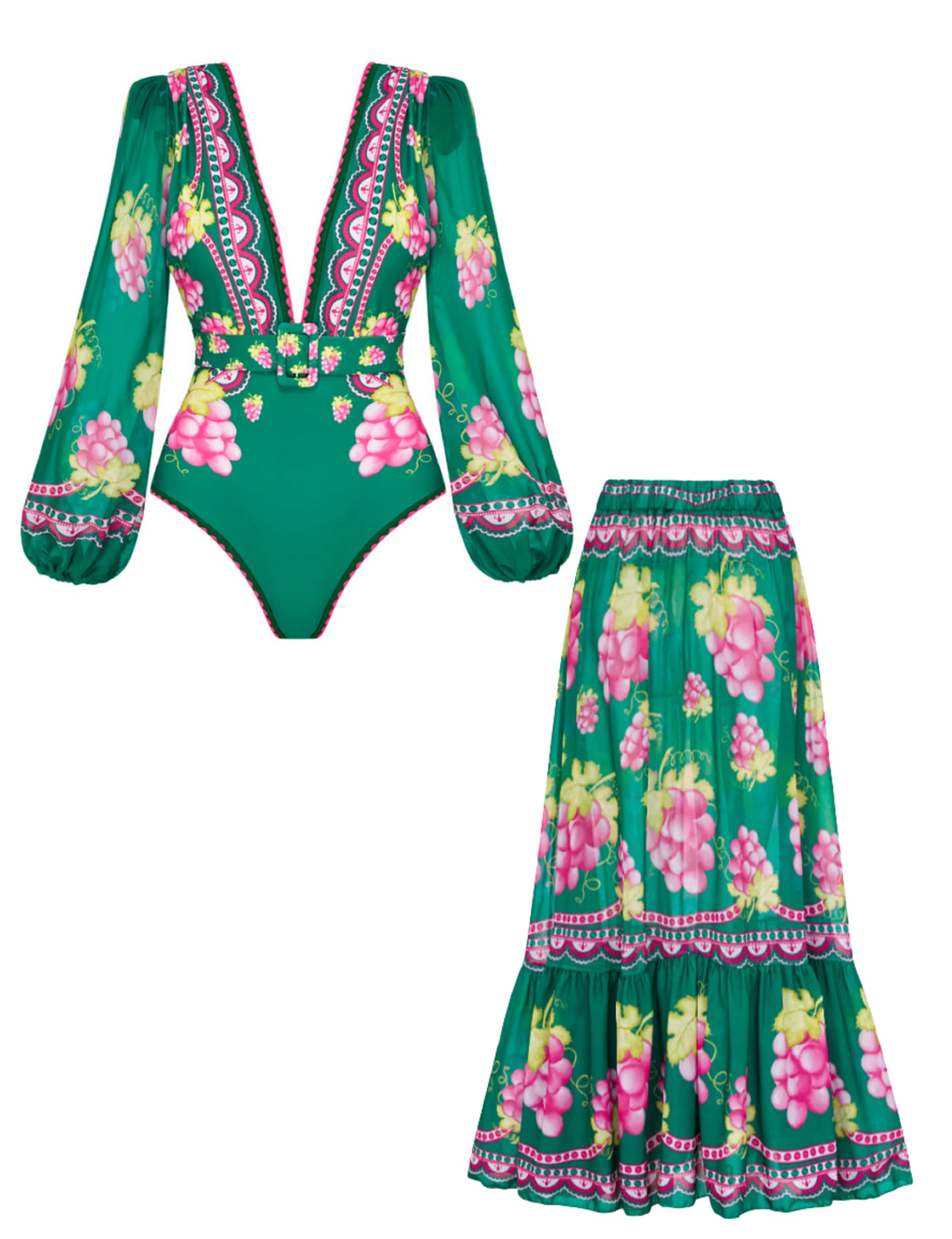 FLAXMAKER Women One Piece Long Sleeve Deep V Neck Grapes Print Long Sleeve Padded Swimsuit Two Piece Swimwear