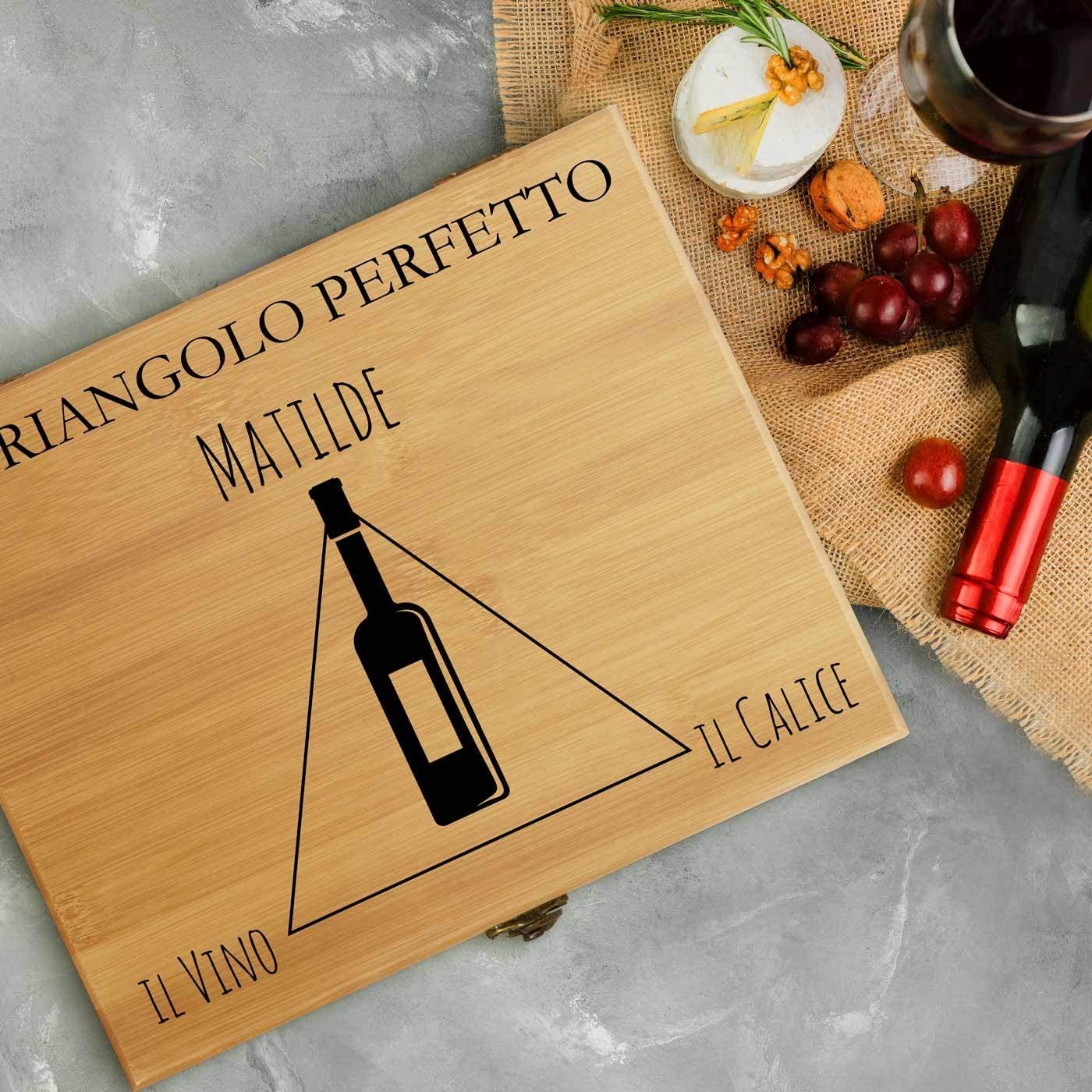 Maverton Set di Accessori da Vino Deluxe - Kit Cavatappi da Vino Personalizzato - Scatola in Legno di bambù + 8 Pezzi di Accessori Vino - Regalo Donna - Triangolo