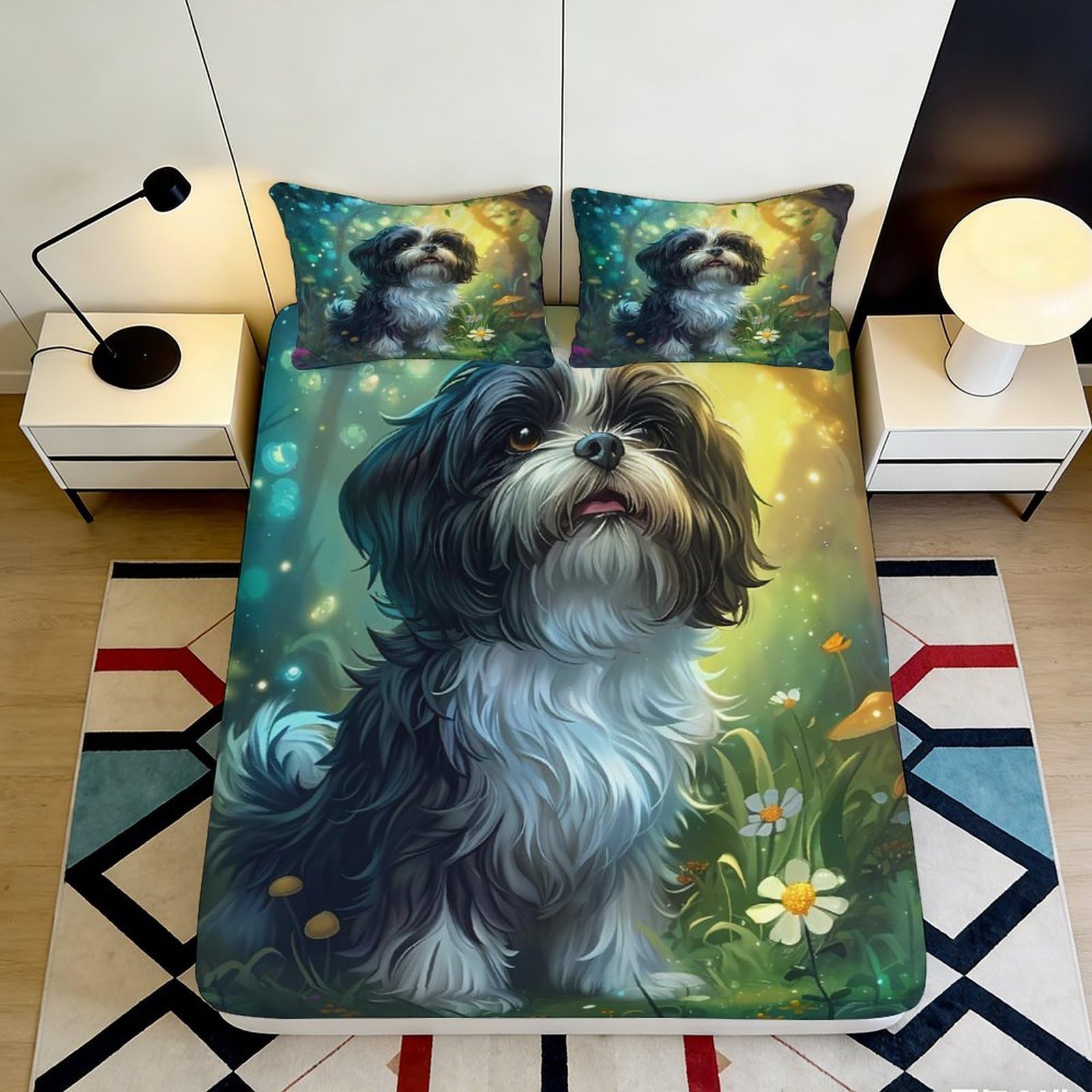 K1r3d9e5 Style-3 3D Printed Shih Tzu Dog Fitted Sheet Microfiber Soft Breathable Forest Scene Bed Cover For Bedroom Guest Room Decor 90X200x25cm